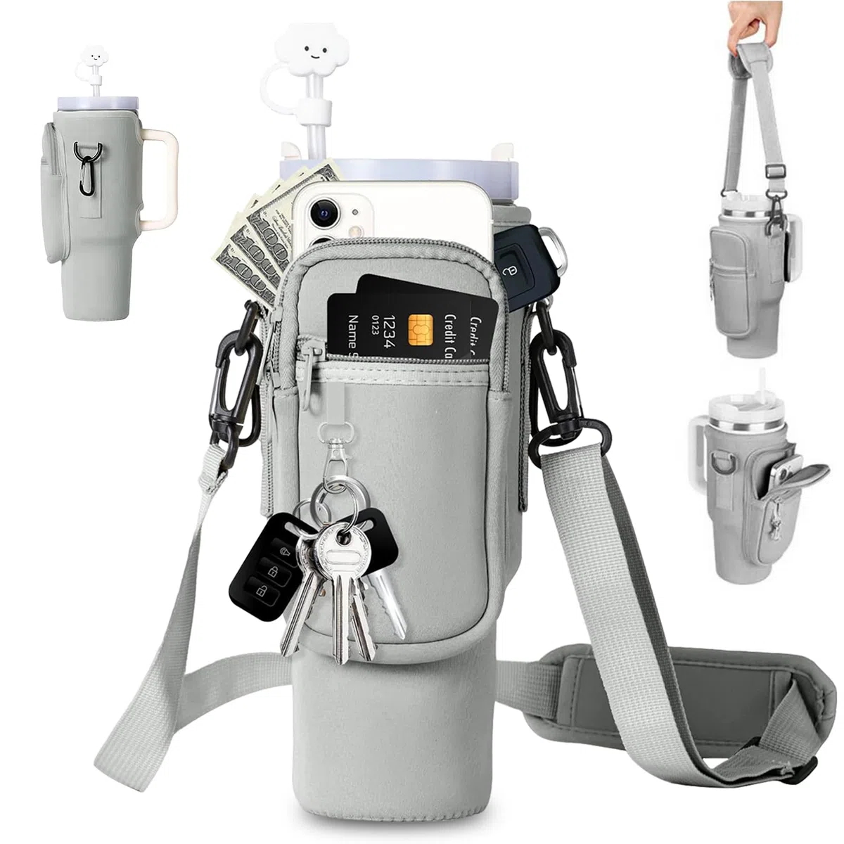 Porta Bottiglia d'Acqua per Stanley Cup 40oz, Stanley Cup Accessori,con Scomparto per Cellulare e Portachiavi Tracolla Regolabile Cup Accessori per Escursioni Viaggi Campeggio