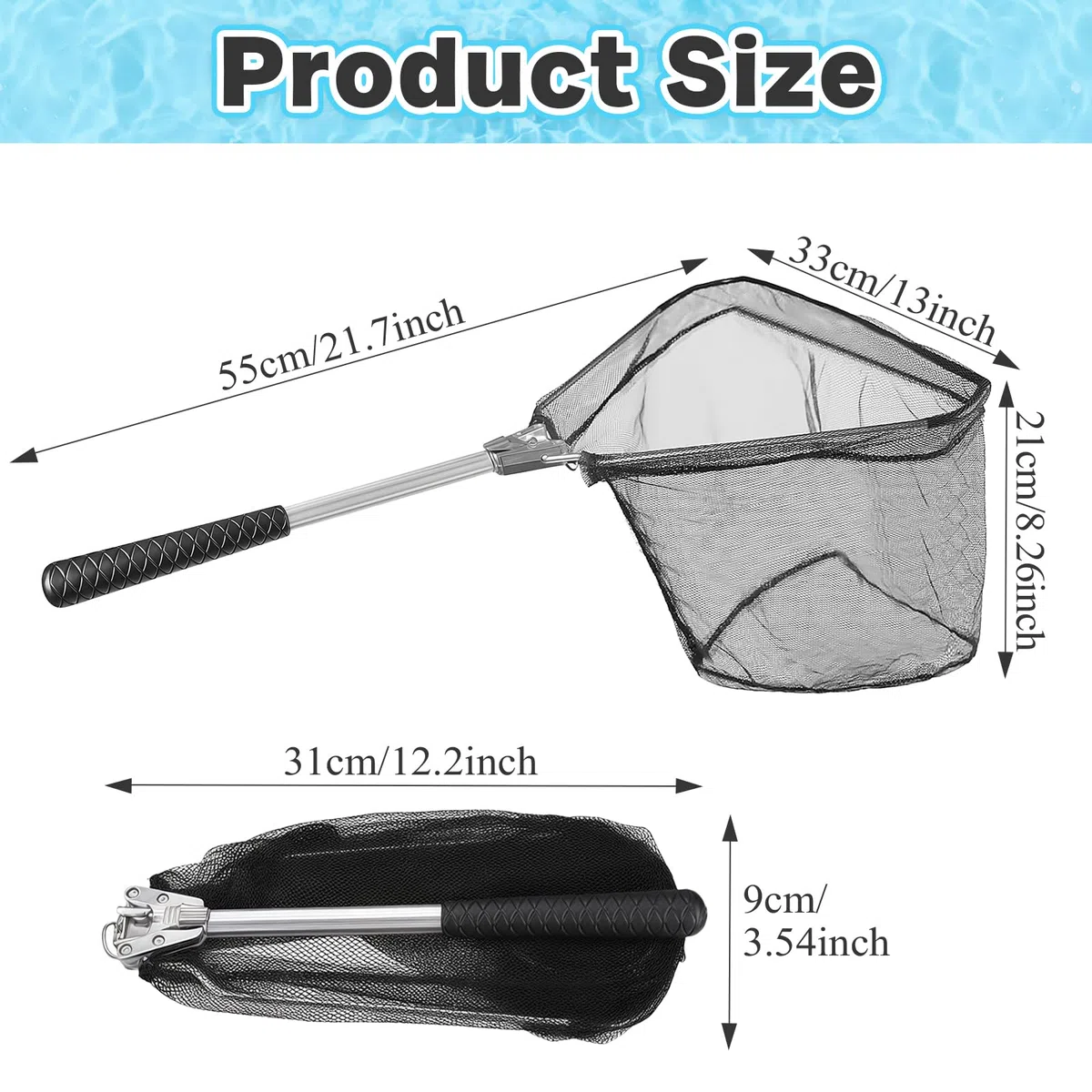 Retino da Pesca Pieghevole 55 CM, Nero Rete da Pesca Pieghevole, Rete da Pesce Pieghevola Fishnet, Reti da Pescas in Gomma Adatte a Bambini E Adulti, Per Stagni E Laghi