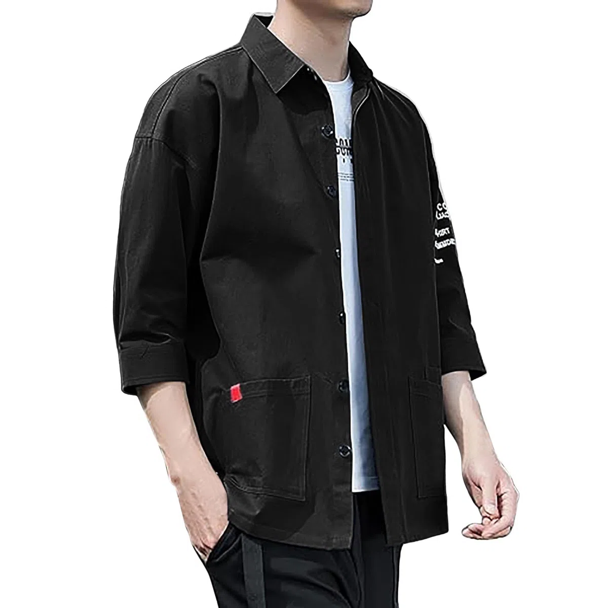 Camicia da uomo leggera estiva a 3/4, lunghezza delle maniche: camicia slim fit, giacca estiva casual, traspirante, con tasca a cerniera, cappotto largo, elegante e per tutti i giorni