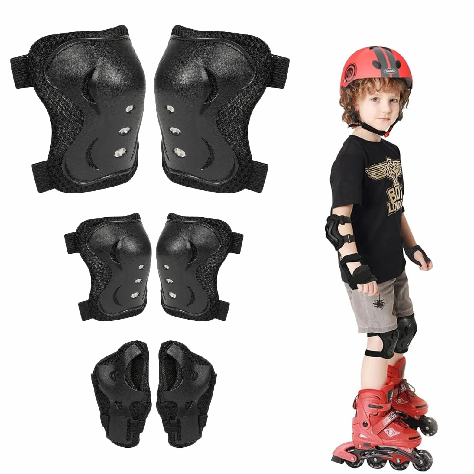 Protezione Kit per bambino, Protezioni Set Skate e Bicicletta Adatto dai 3 ai 12 Anni, per Skate, Bicicletta, Sci e Pattinaggio (Nero)