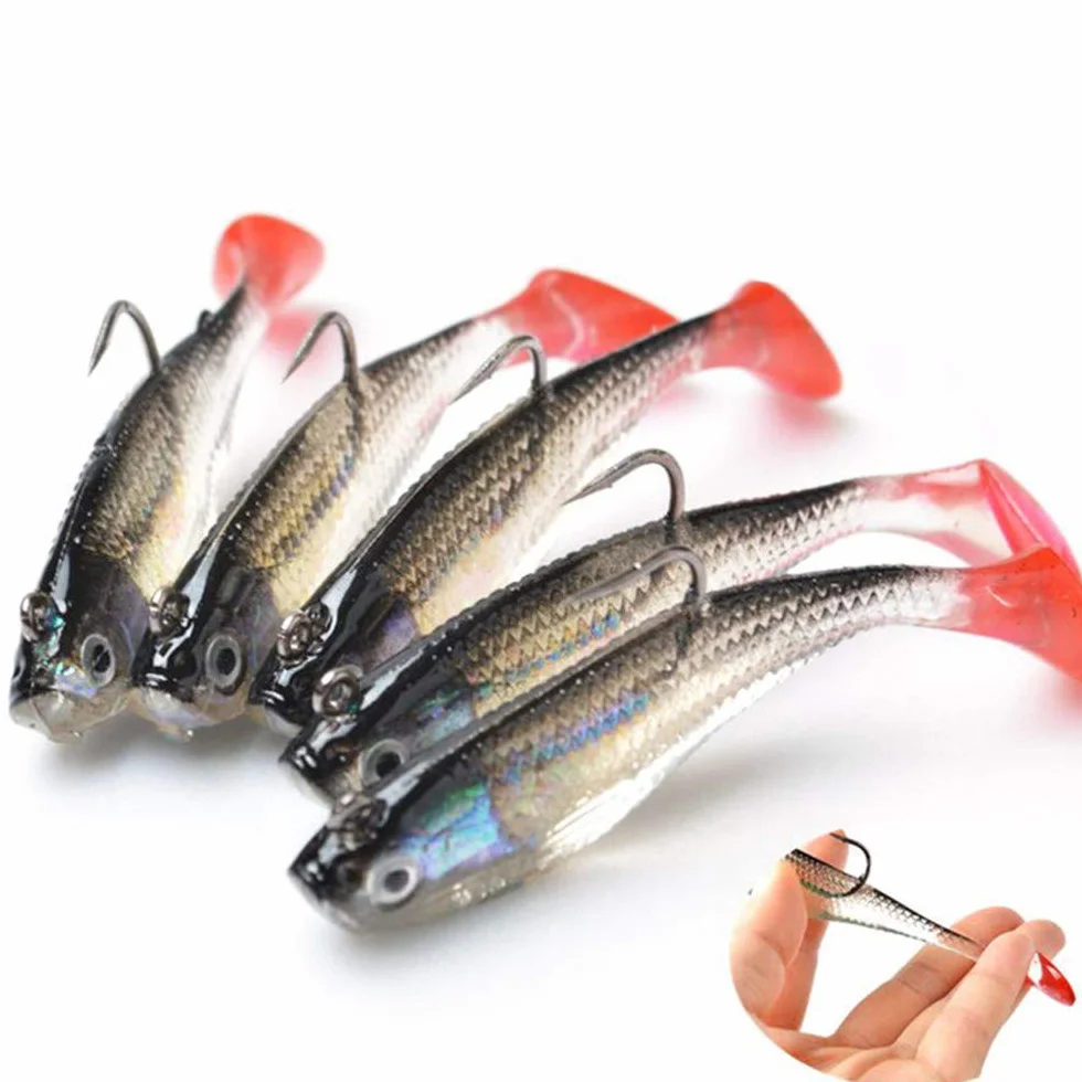 DWE 5PCS esche da pesca, 3D occhi morbida da pesca singolo gancio esche esche artificiali