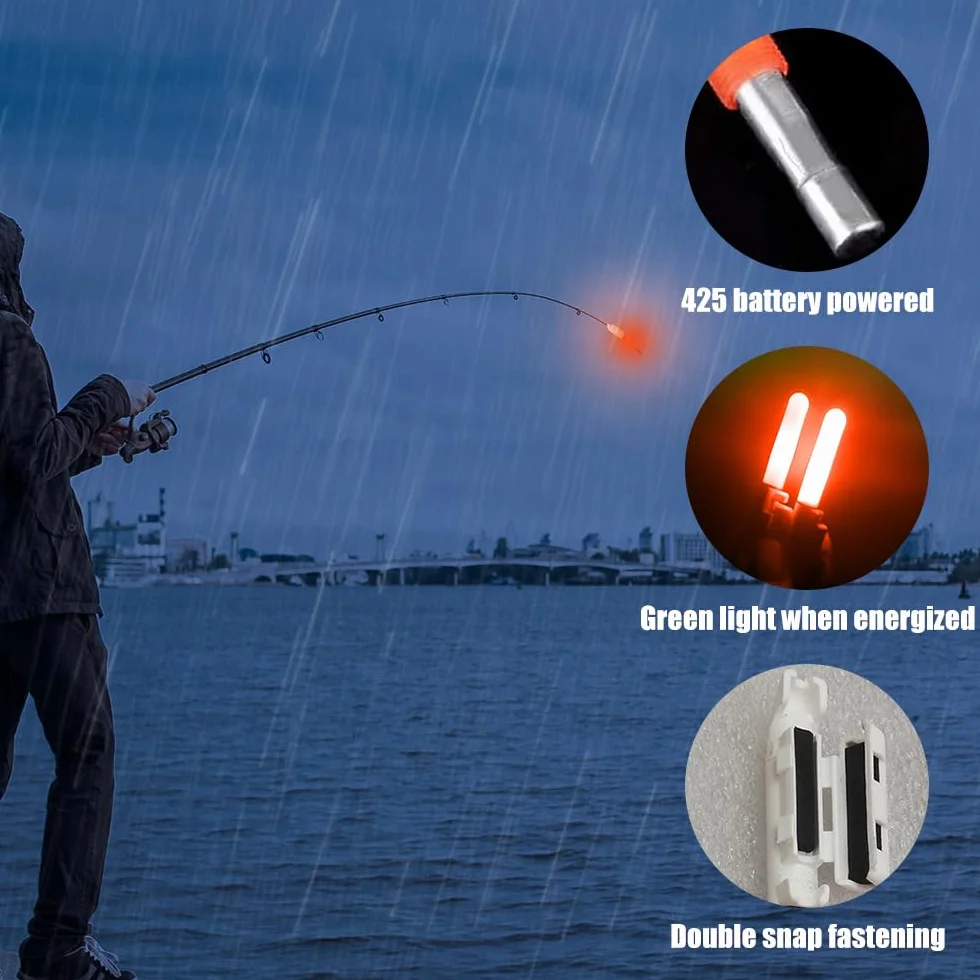 5pcs Campana di Allarme di Pesca, LED Bastoncini Luminosi Impermeabili con Fibbia Impermeabili luci a Punta di Canna da Pesca Notturna con Batteria Inclusa per la Pesca in Mare, Rosso