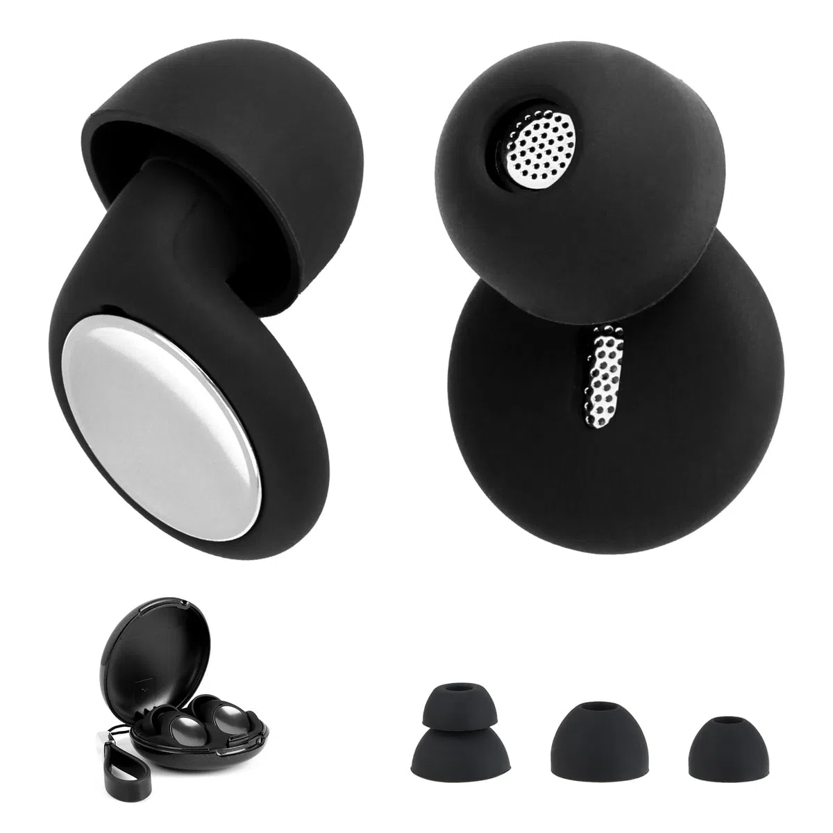 2 Tappi Orecchie Neri in Silicone Morbido con 6 Inserti Intercambiabili e Custodia Tappi Riutilizzabili per Dormire, Viaggiare, Concerti Riduzione del Rumore 35dB Protezione Udito Ipoallergenica