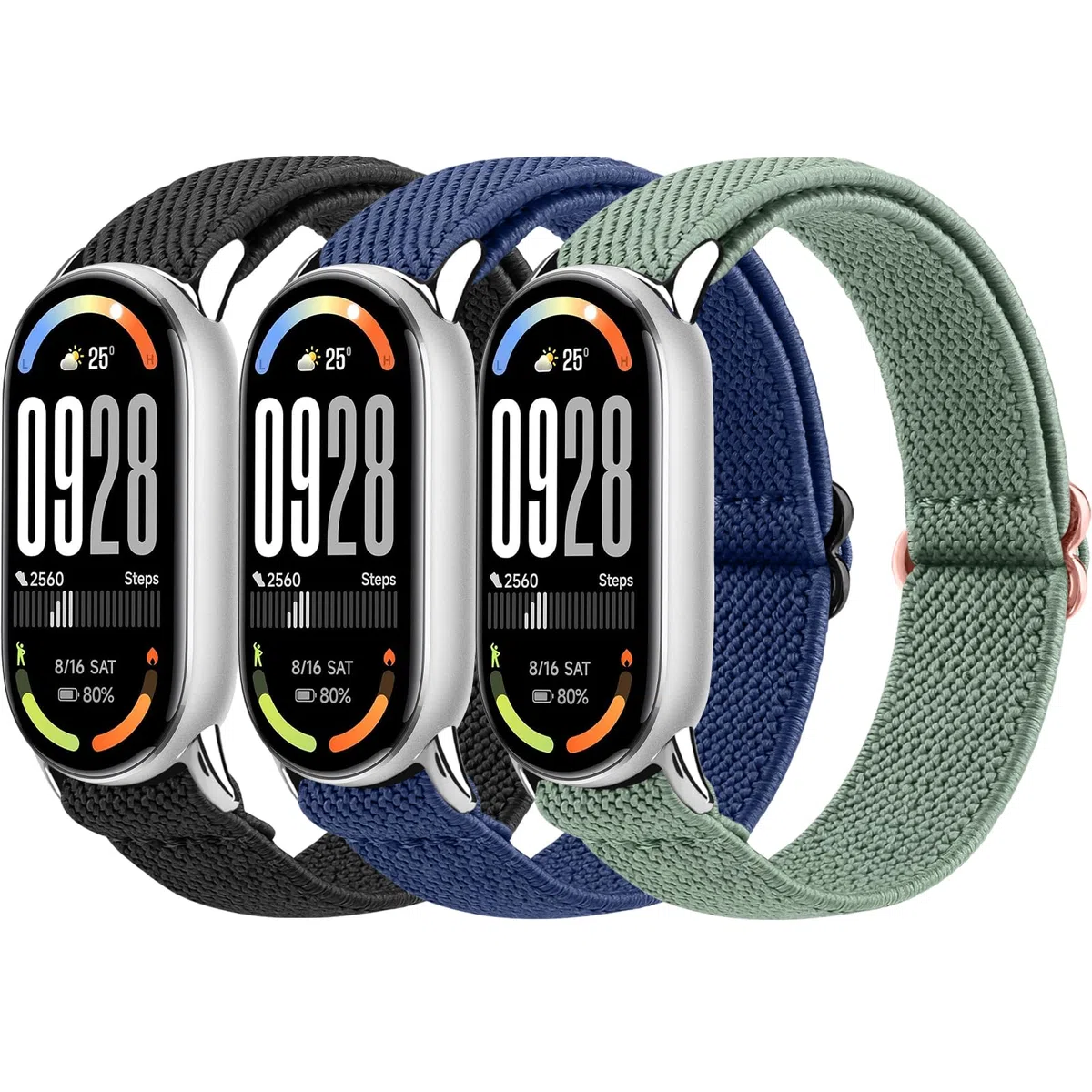 Oumida 3 cinturini elastici per Xiaomi Smart Band 8/9/10 bracciali donna uomo donna robusta testa in metallo, cinturino in nylon migliorato, cinturino di ricambio sportivo per Xiaomi Mi Band 10/9/8