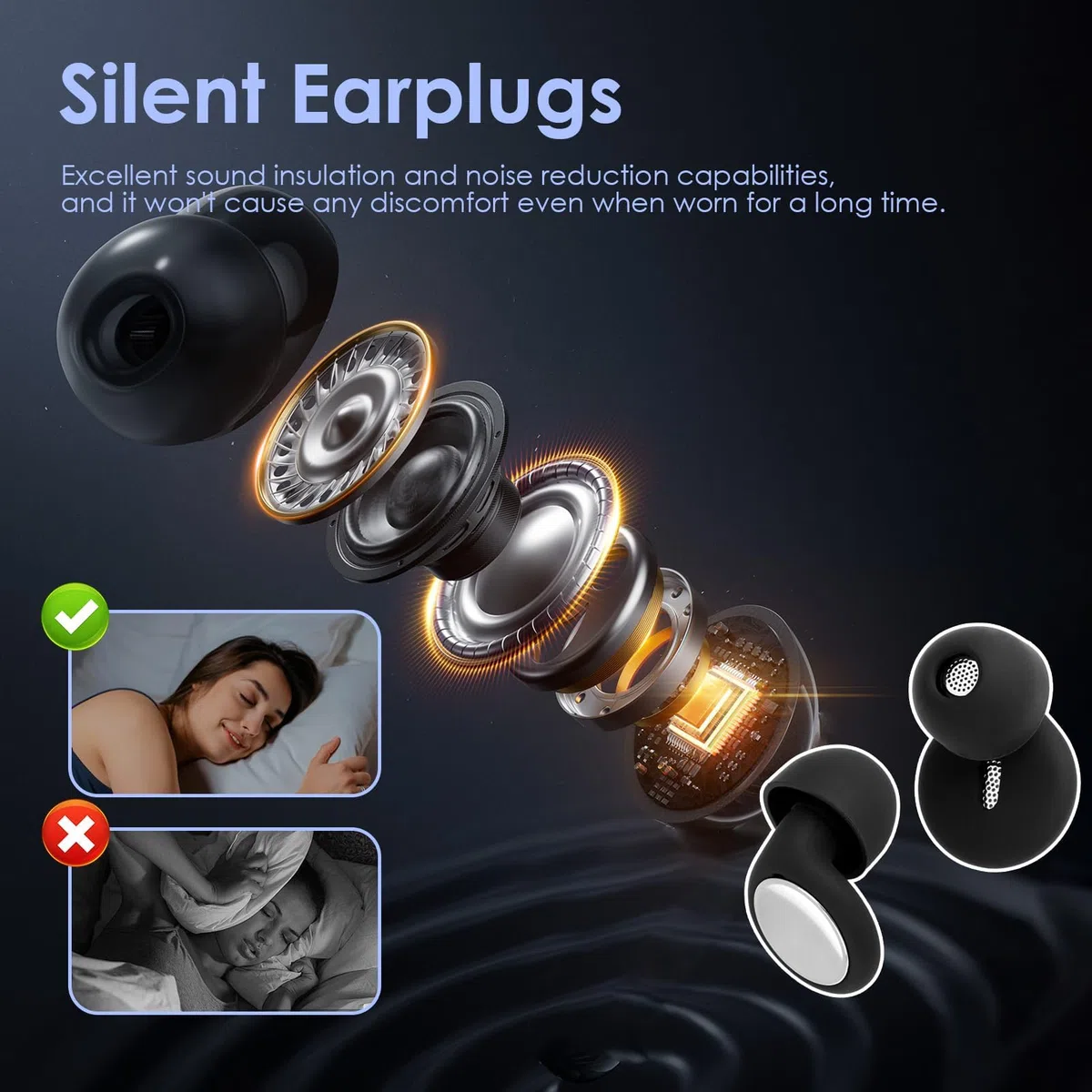2 Tappi Orecchie Neri in Silicone Morbido con 6 Inserti Intercambiabili e Custodia Tappi Riutilizzabili per Dormire, Viaggiare, Concerti Riduzione del Rumore 35dB Protezione Udito Ipoallergenica