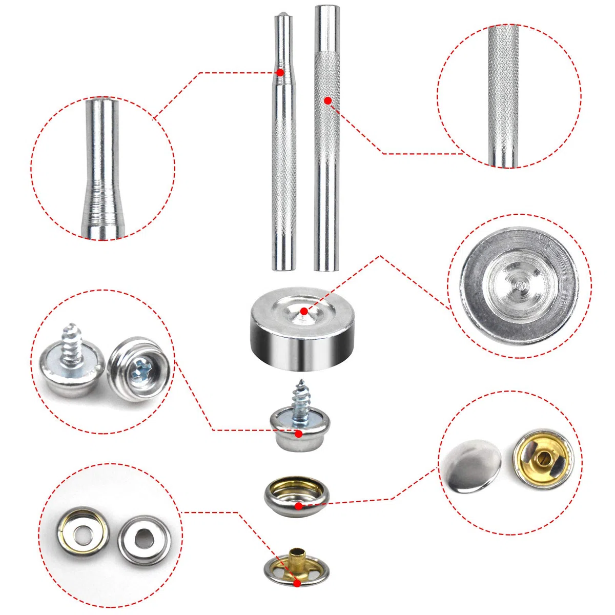 20 Kit Bottoni a Pressione Automatici Vite, Metallo Fissaggio a Bottoni per Barca, Snap Button Fastener con Attrezzi d'Installazione per Barche Tenda, 63 Pezzi