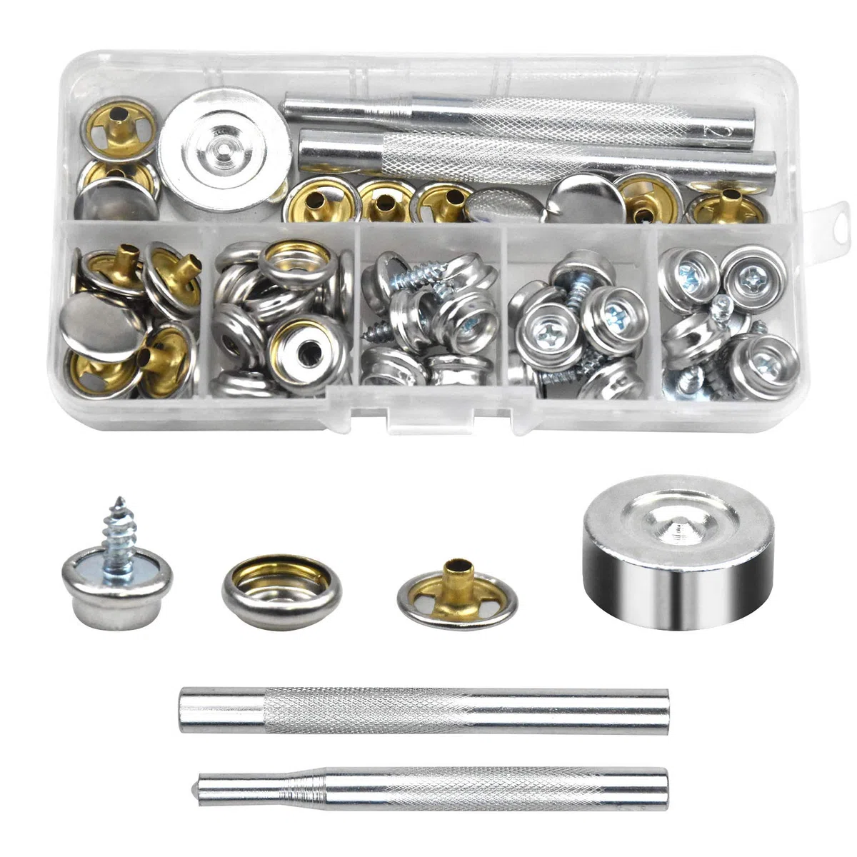 20 Kit Bottoni a Pressione Automatici Vite, Metallo Fissaggio a Bottoni per Barca, Snap Button Fastener con Attrezzi d'Installazione per Barche Tenda, 63 Pezzi