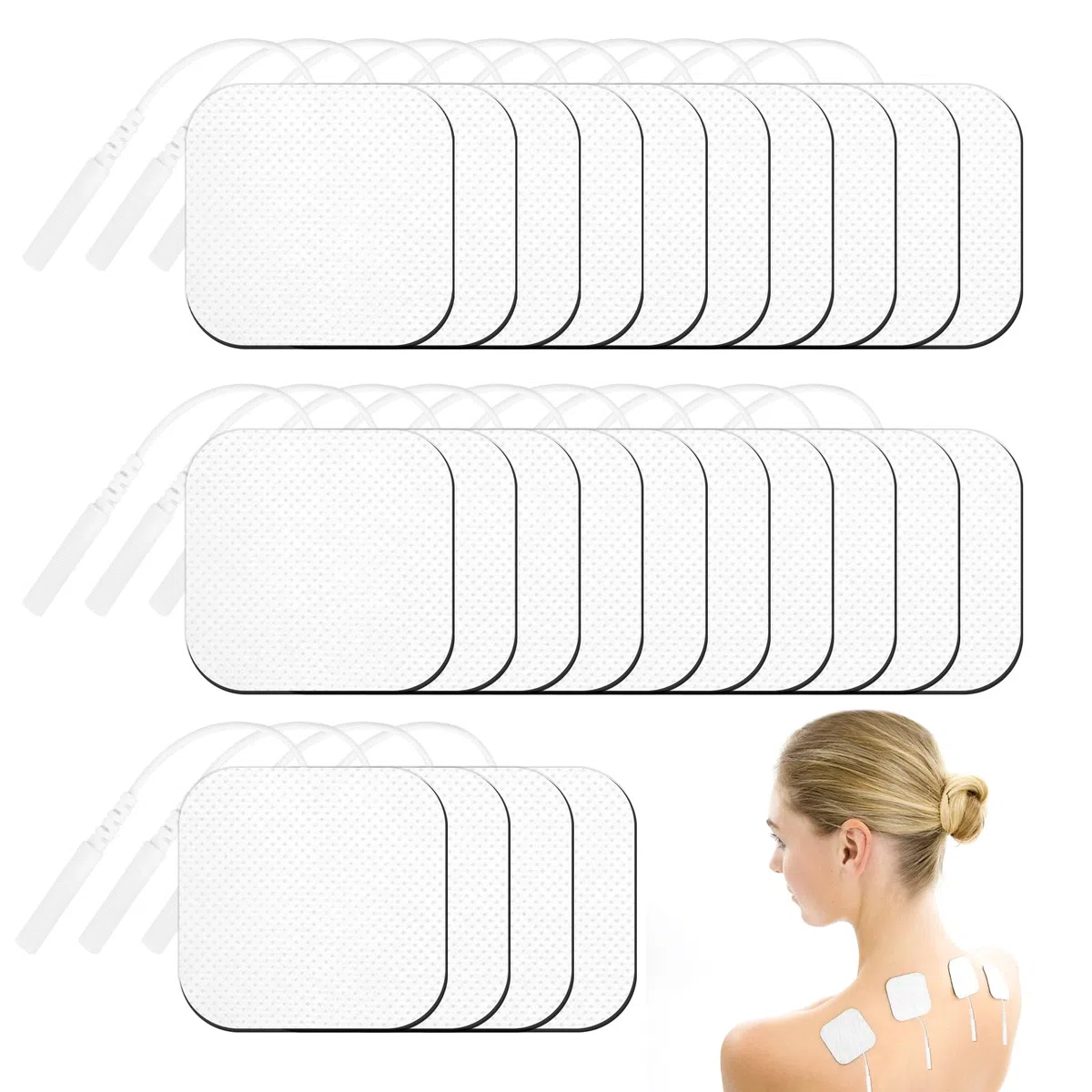 TENS Elettrodi Pads, 5 x 5 cm, 24 pezzi, Riutilizzabili per Elettrostimolatore e EMS Trainer, Connettore 2 mm