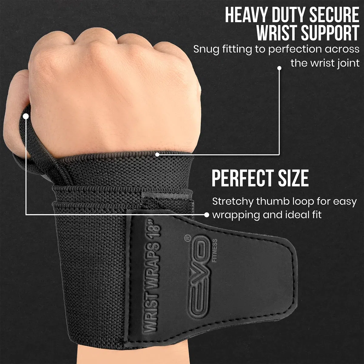 EVO Fitness Polsiere Palestra 45 Cm Nero Profondo Polsini Palestra Cotone Elasticizzato Powerlifting Fasce Palestra Bodybuilding Polsiere Crossfit Allenamento Uomini Donne