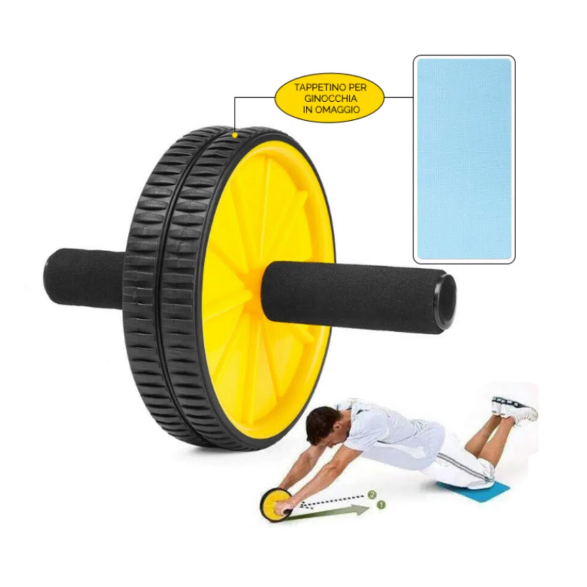 FFitness Two-Wheeled Power Wheel with Mat, Ruote con Manici per Addominali Unisex Adulto, Giallo, taglia unica