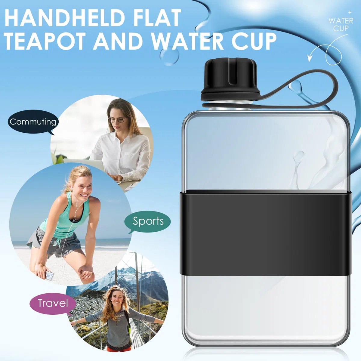 Borraccia piatta da 500 ml, con manico, a prova di perdite, sottile, per viaggi, attività all'aperto, sport, ciclismo, lavoro, scuola (nero)