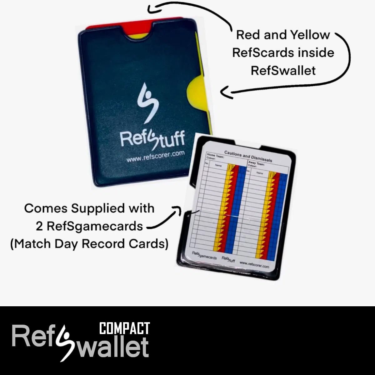 RefStuff RefSwallet Compact - Libro dell'arbitro di Calcio, Design in Pelle, con schede dell'arbitro di Calcio Rosse e Gialle e 2 schede del Giorno della Partita