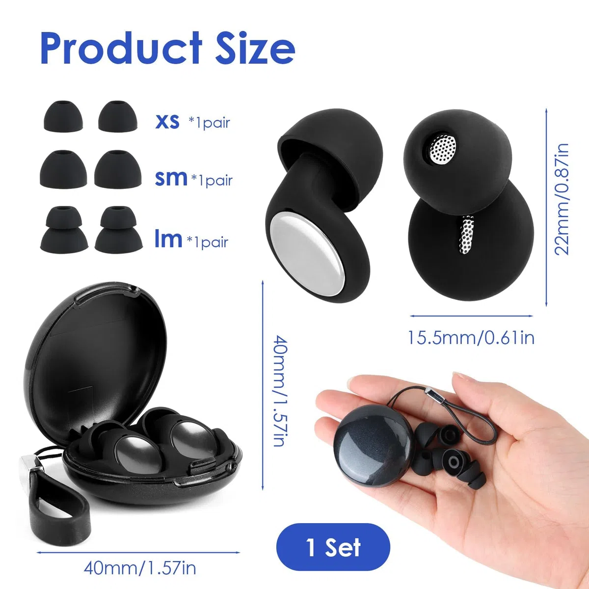 2 Tappi Orecchie Neri in Silicone Morbido con 6 Inserti Intercambiabili e Custodia Tappi Riutilizzabili per Dormire, Viaggiare, Concerti Riduzione del Rumore 35dB Protezione Udito Ipoallergenica