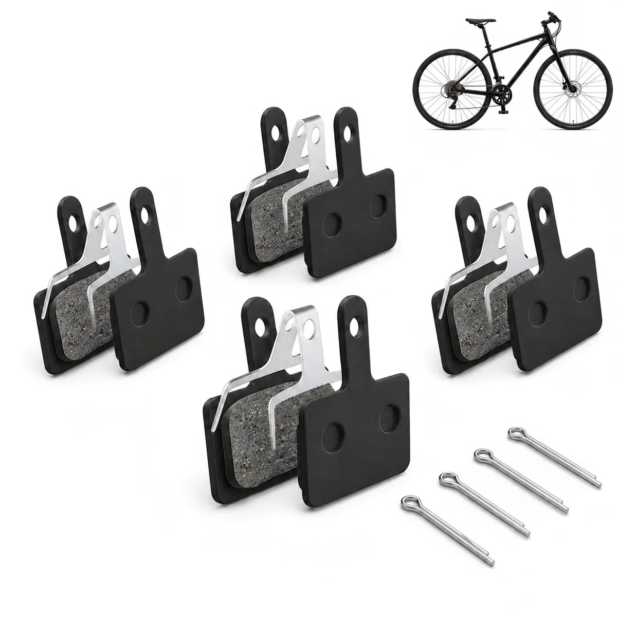 4 Paia Pastiglie Freno Bici Semi-Metalliche, Pastiglie Freno a Disco con Perni e Molle, Compatibili con Shimano B01S B03S B05S MT200 MT400 MT500 e Tektro, MTB, E-Bike, Bici Trekking e da Città
