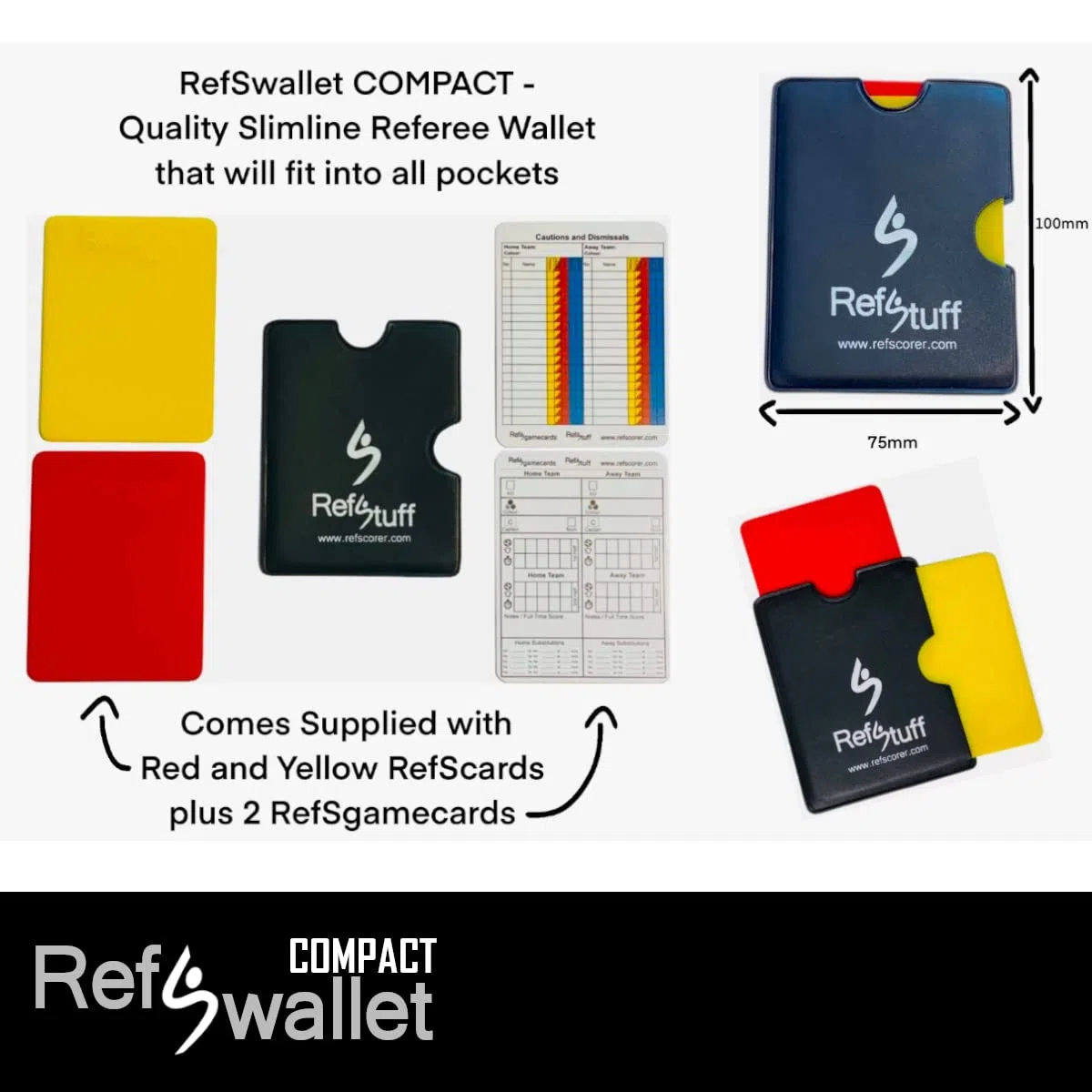 RefStuff RefSwallet Compact - Libro dell'arbitro di Calcio, Design in Pelle, con schede dell'arbitro di Calcio Rosse e Gialle e 2 schede del Giorno della Partita