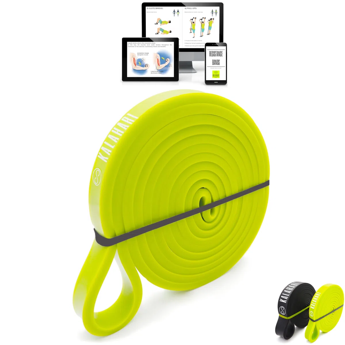 KALAHARI Bande Elastiche SET più Ebook esercizi in Italiano – Elastici fitness per allenamento Forza, Stretching, Palestra, Pilates, Yoga - Fascia elastica, Resistance Bands per Trazioni alla sbarra