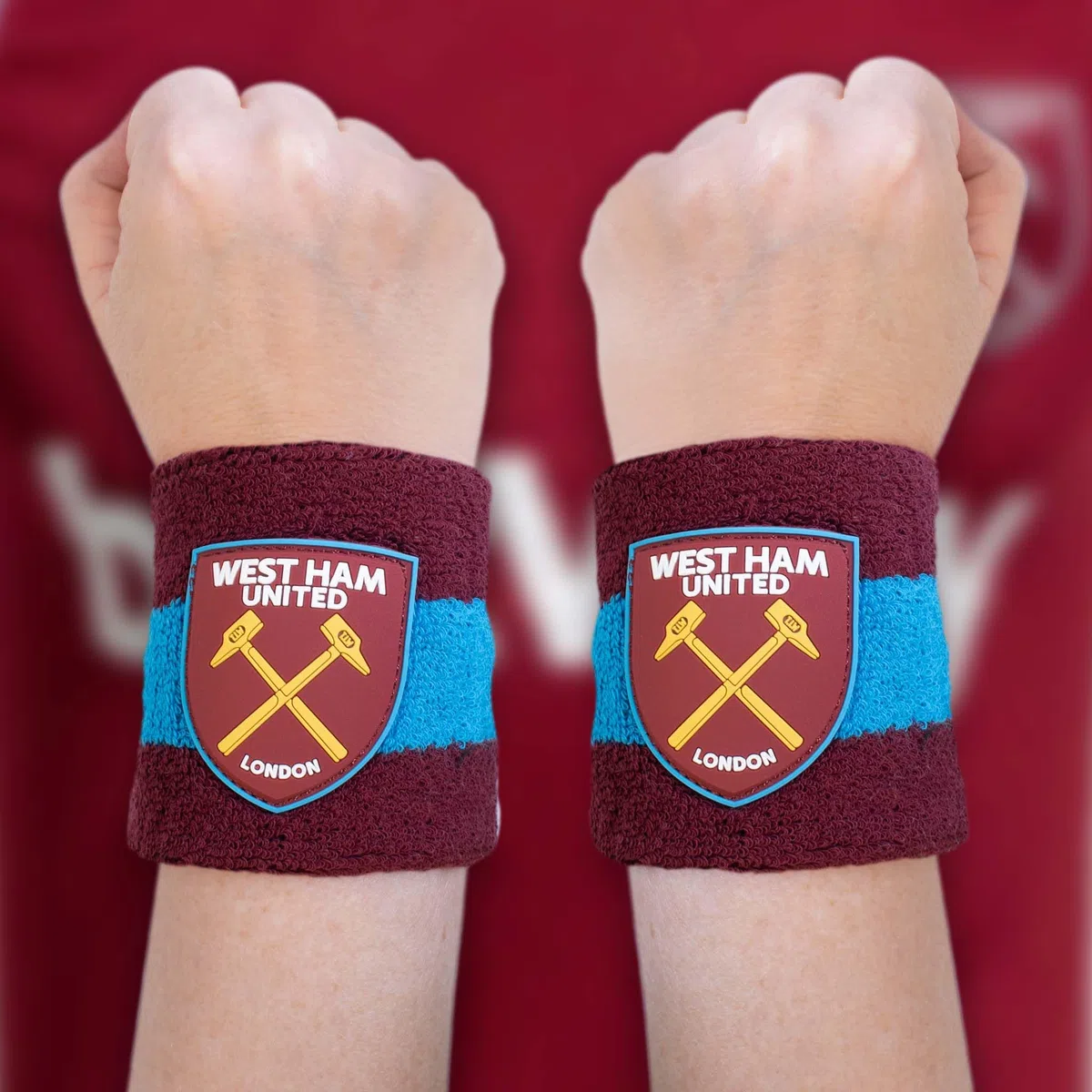 Hy-Pro West Ham F.C., braccialetto in cotone con licenza ufficiale | 2 pezzi, fascia tergisudore, per bambini, adulti, unisex, traspirante, per calcio, corsa, sport, palestra, tennis, esercizio fisico