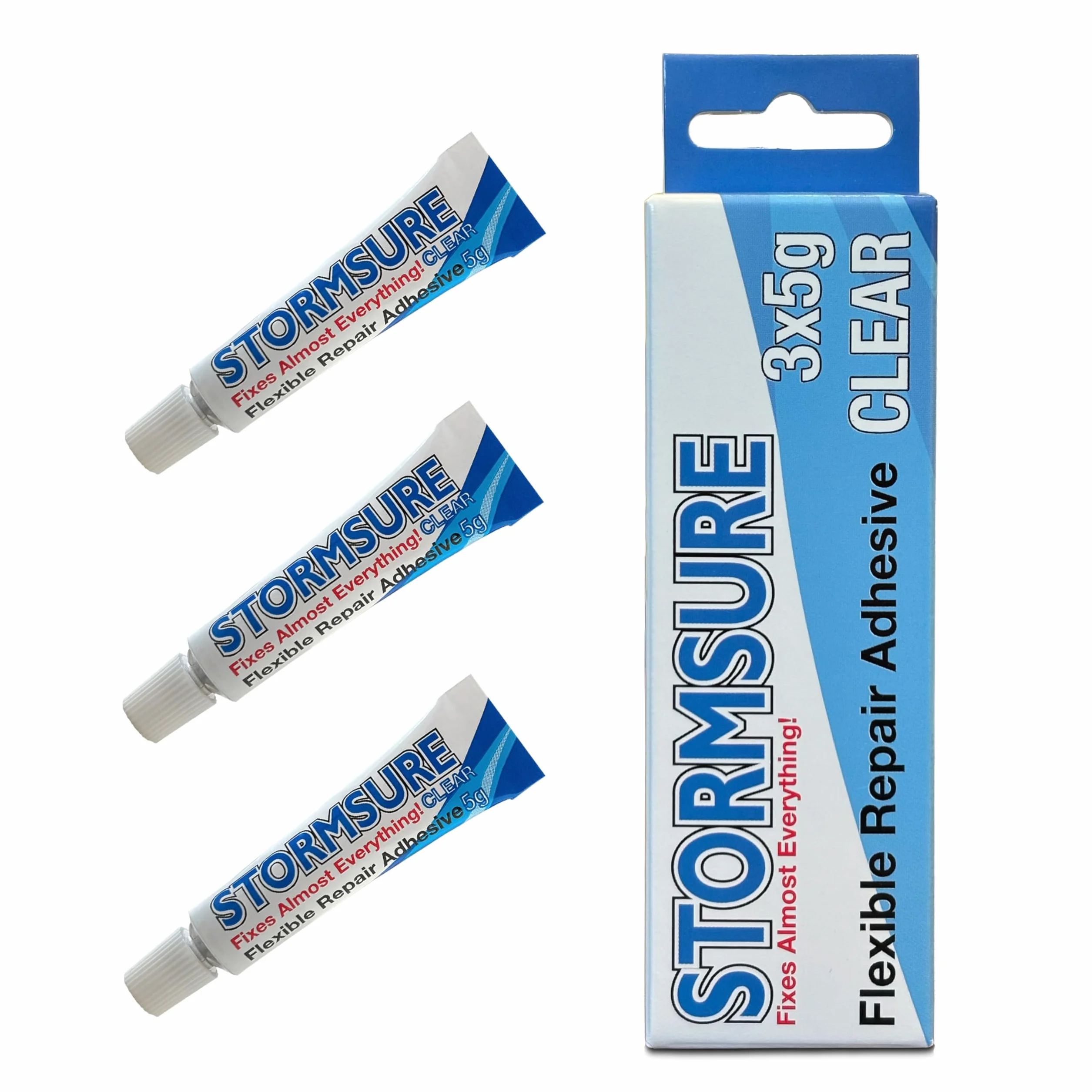 Adesivo di riparazione flessibile Stormsure: 3 x 5 g di colla trasparente - Ideale per gommoni, kayak, canoe e riparazioni in PVC