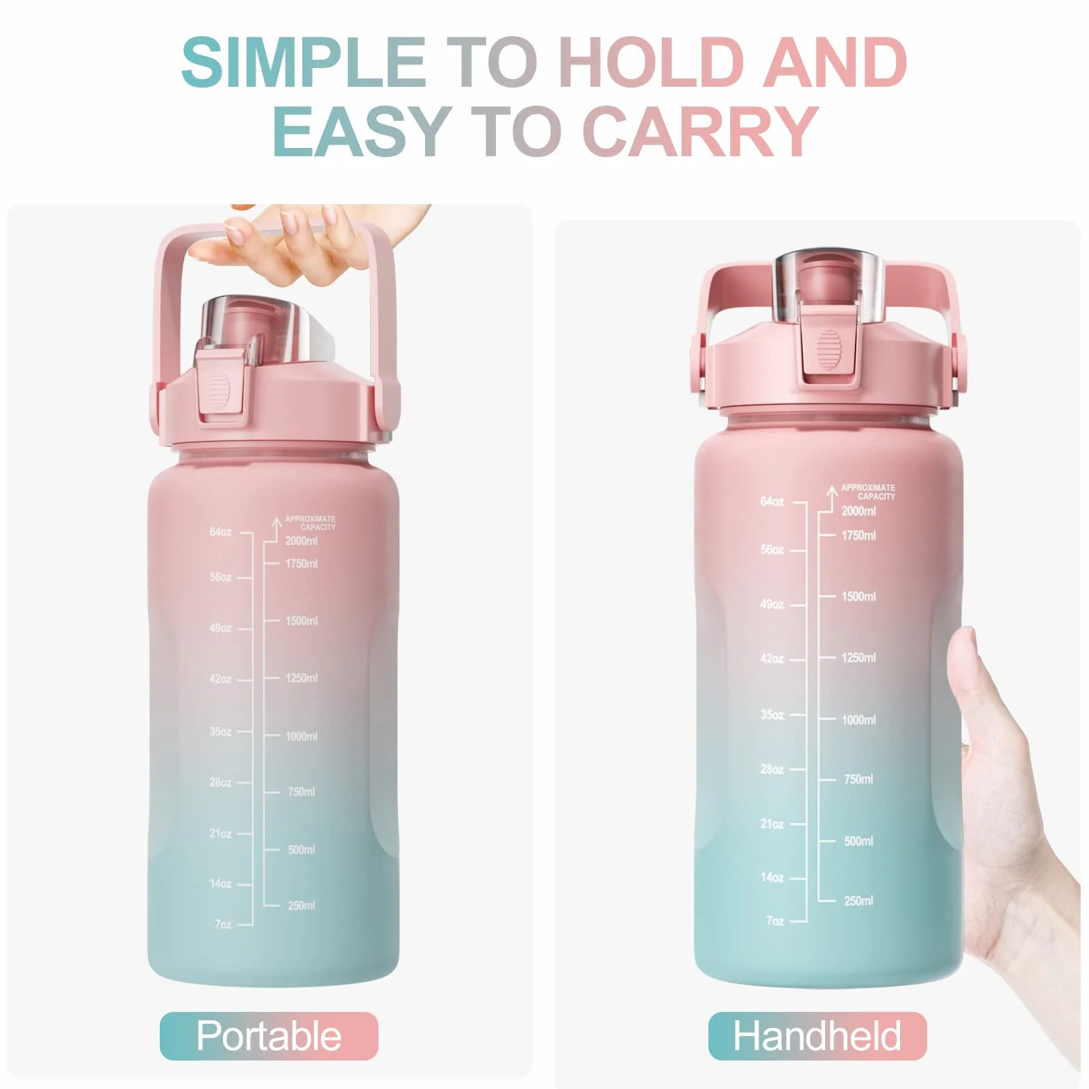 Borraccia con Cannuccia 2 Litro Sportiva Senza BPA, Indici di Ispirazione, Alto Volume, per Yoga Palestra Campeggio (Rosa)