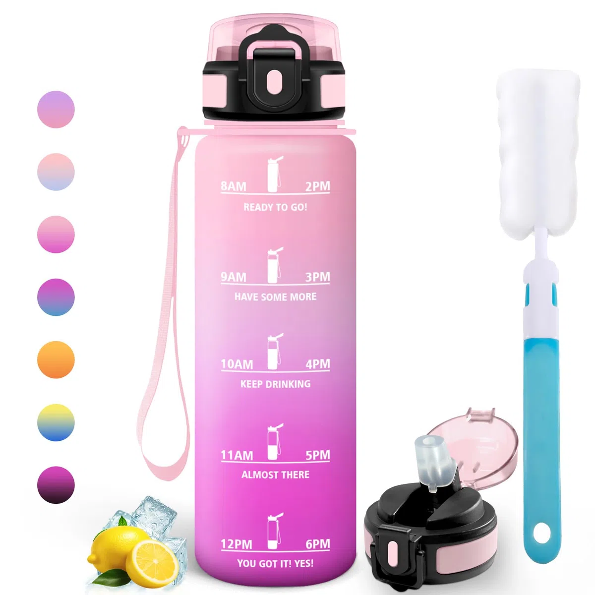 Motswedi Borraccia 1 litro, Bottiglia d'acqua Sportiva, Comprende 6 Paglie e 1 Spazzola di Spugna, Borraccia Palestra, Bottiglia Acqua 1l, per Palestra, Viaggi, Ciclismo, Rosa chiaro & Rosso rosa