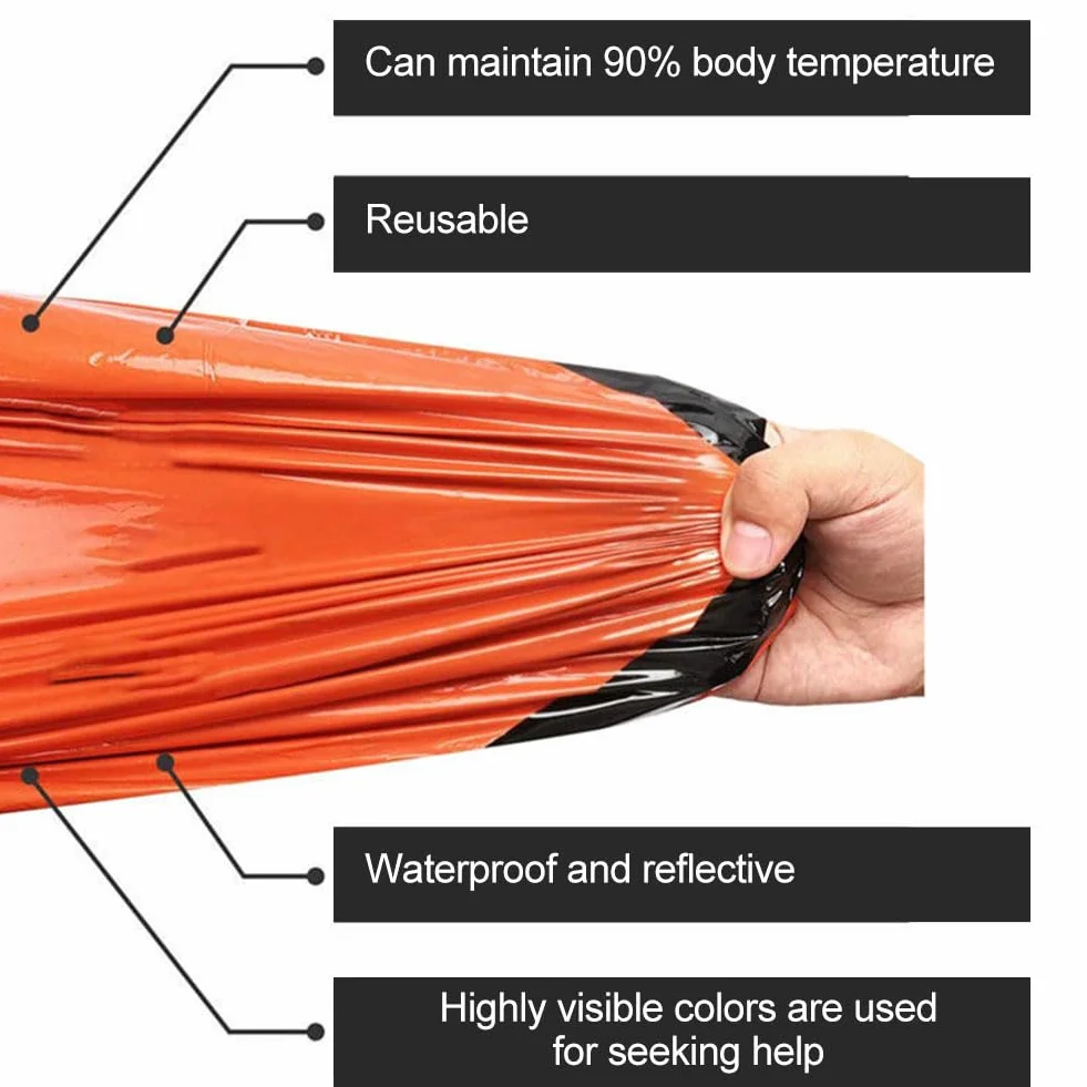 Sacco a Pelo di Sopravvivenza Riutilizzabile con Braccialetto Coperta Isolamento Termico Primo Soccorso Outdoor