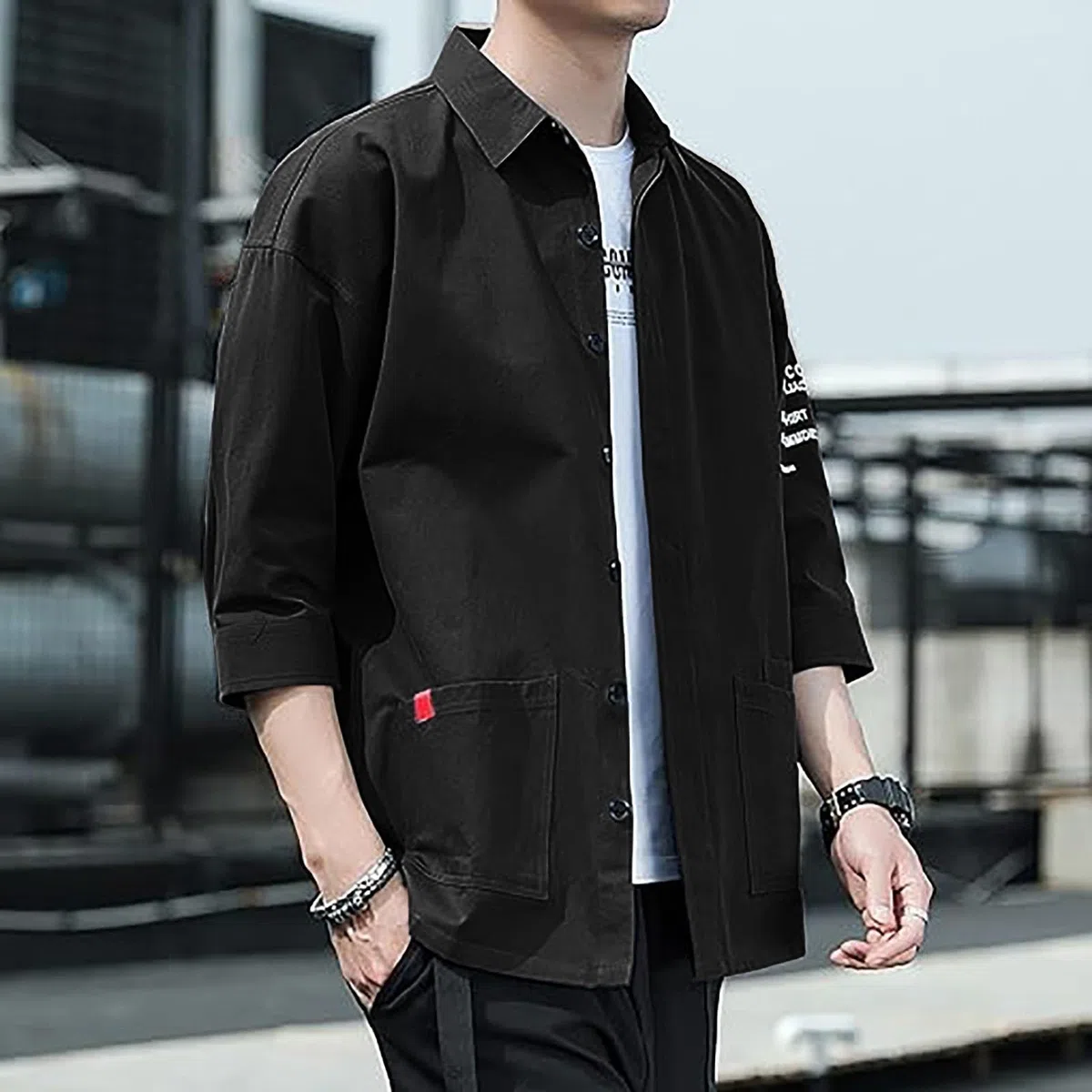 Camicia da uomo leggera estiva a 3/4, lunghezza delle maniche: camicia slim fit, giacca estiva casual, traspirante, con tasca a cerniera, cappotto largo, elegante e per tutti i giorni