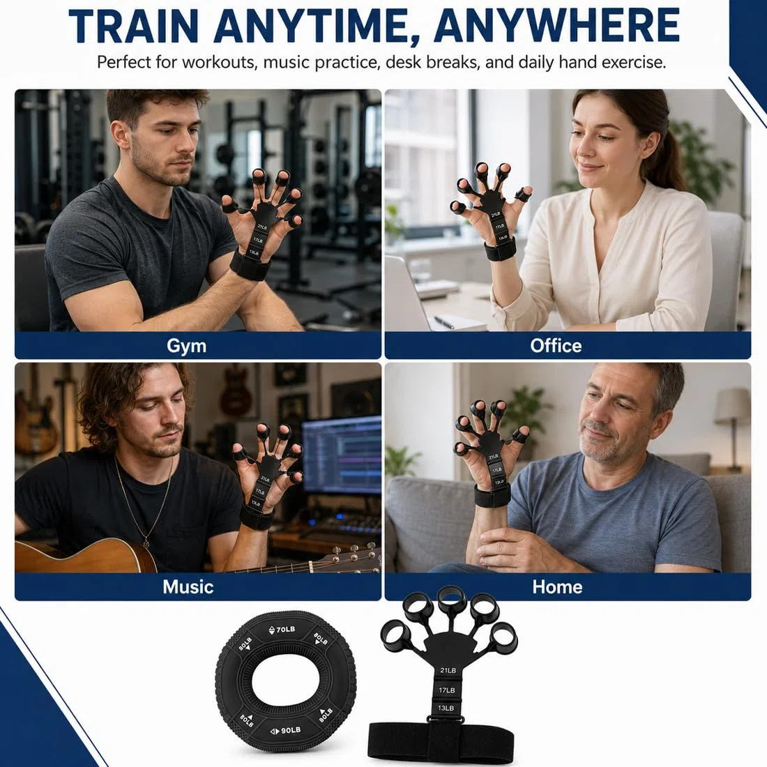 Set Allenamento Mano: Anello Grip + Strumento Allungamento Dita, Palle di esercizio della mano in Silicone, tiratore delle dita per Forza, Ripristino e Musica, con Fascia Regolabile