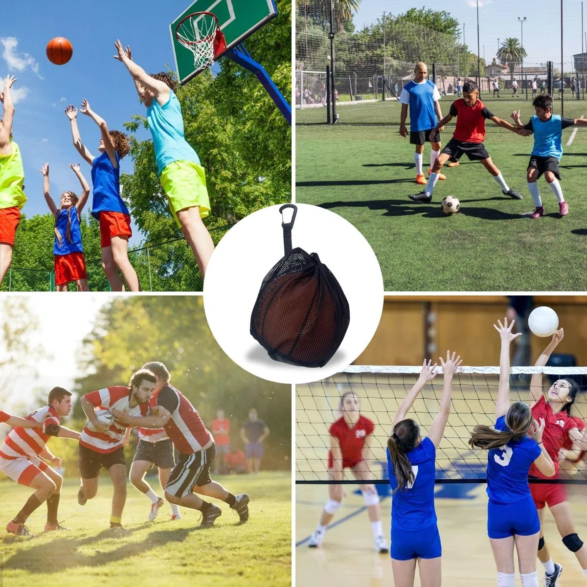 Sacca per pallone, 1 palla, borsa con moschettone e cordino, portatile, pieghevole, per pallacanestro, calcio, pallavolo, bambini e adulti