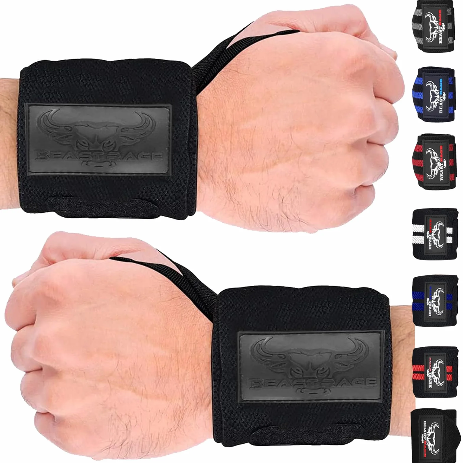 BEAST RAGE Polsiere per Sollevamento Pesi, per Sollevamento Pesi, Fitness, Allenamento, Palestra, Supporto per Pollice, Fascia Elastica in Cotone per Allenamento (Nero Pieno)