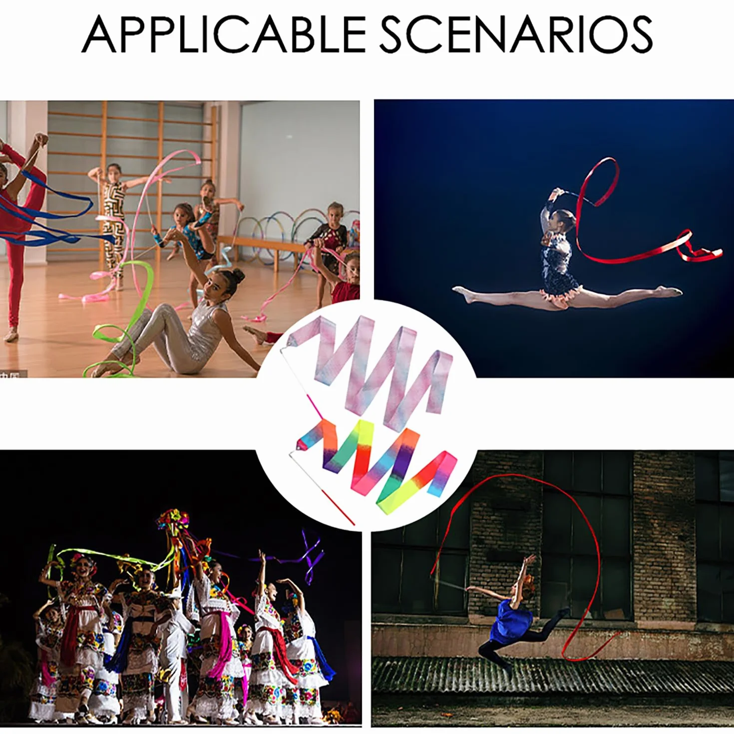 DaiUni Nastri da Ballo, Nastri per Danza Ritmica, con Bacchetta a Nastro, per Bambini, per Balli artistici, Ginnastica, spettacoli di Carnevale, 2 PCS.