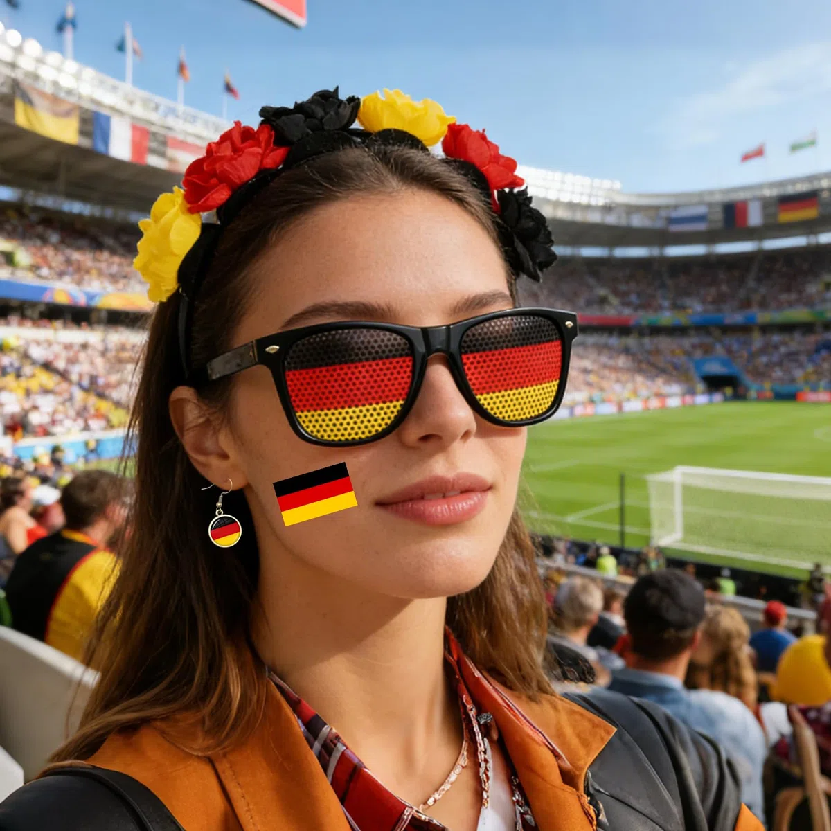 Articoli per fan della Germania, set da 5 pezzi, nero, rosso, giallo, articolo per tifosi della Germania con cerchietto per capelli, orecchini, occhiali da sole, trucco facciale, decorazione per feste
