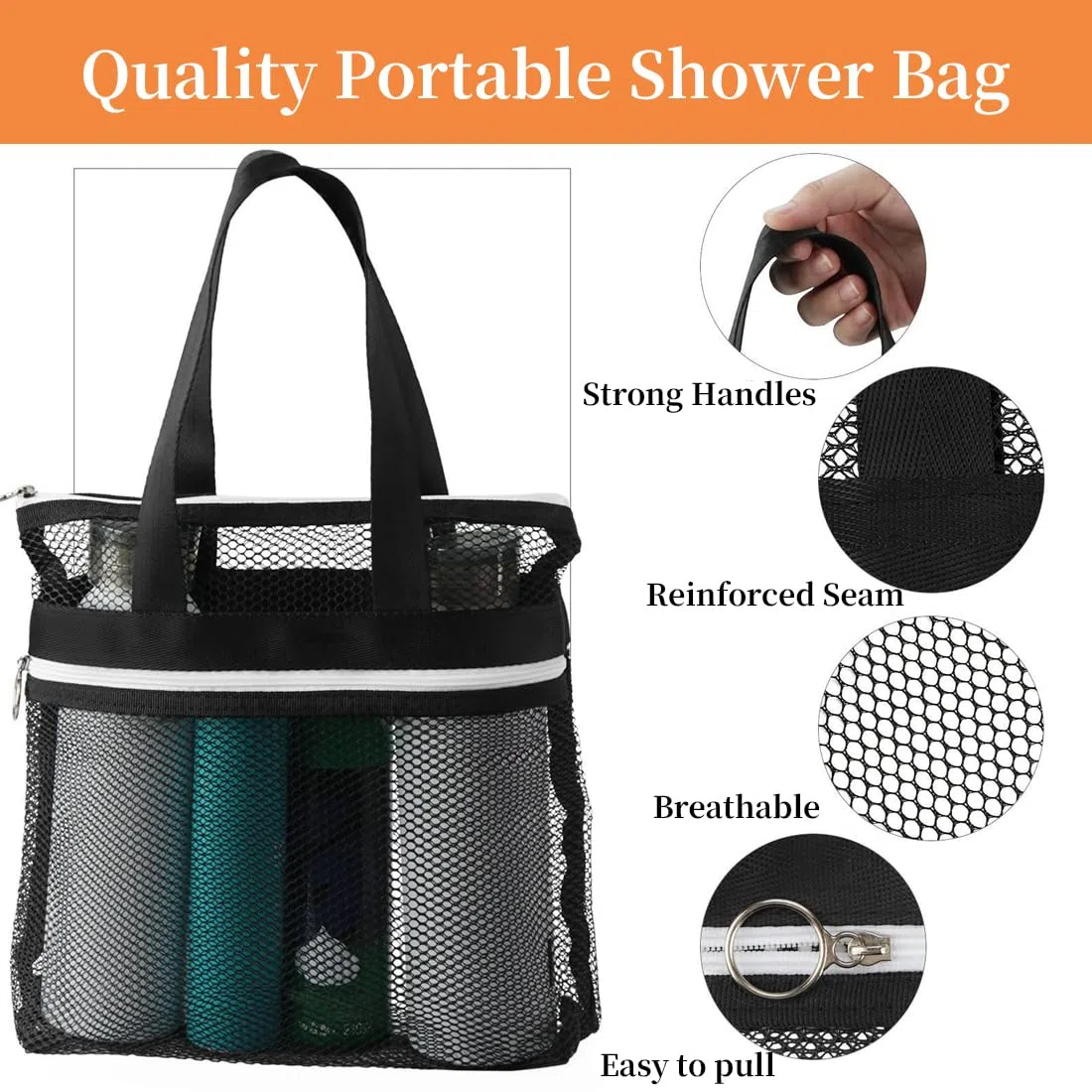 Swimming Equipment Bags, Una borsa da doccia in rete con manico, borsa da doccia portatile, borsa da spiaggia pieghevole, adatta per campeggio, articoli da toeletta e abbigliamento (nera)