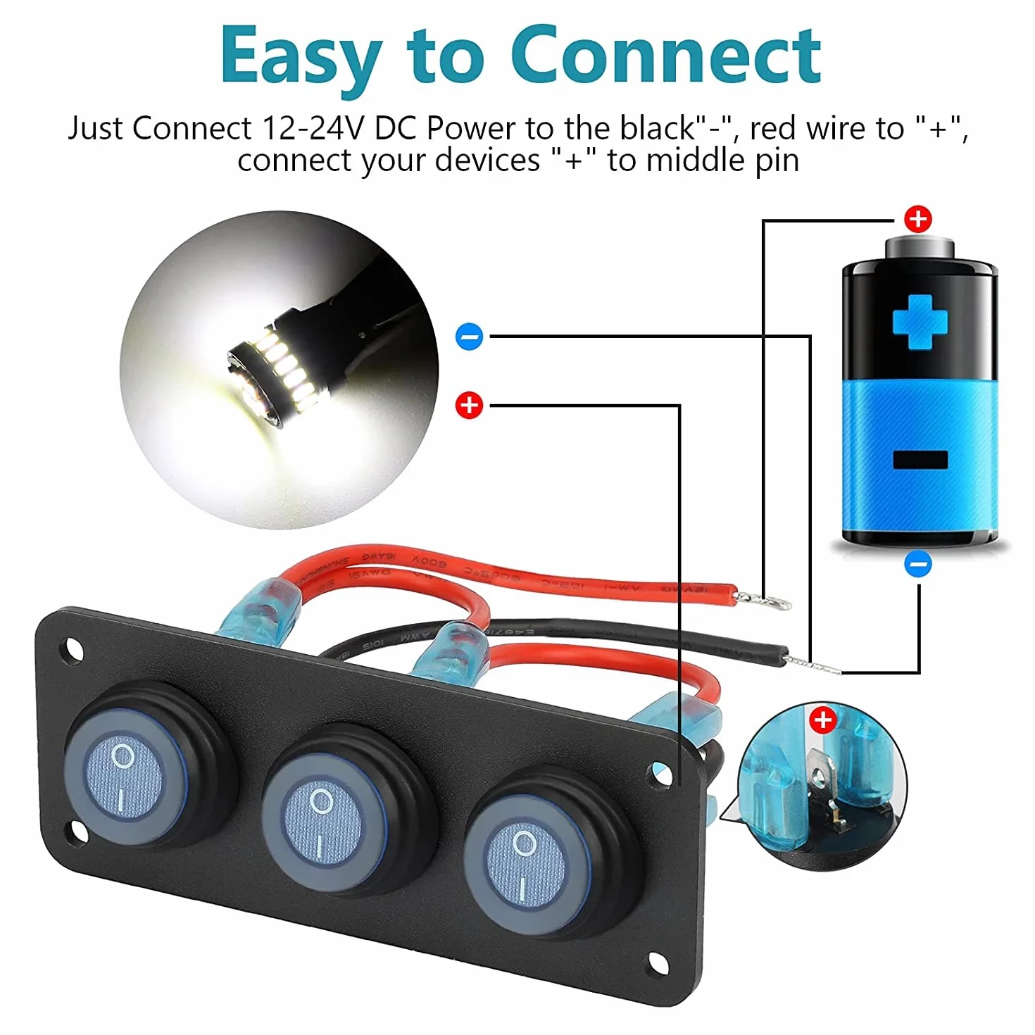 Gebildet 3Gang Pannello Interruttori a Bilanciere, 15A 12V-24VDC SPST 3pin 3posizioni On/Off Interruttore a Levetta a LED Blu Rotondo per Barche per Automatiche Car Marine Boat Yacht