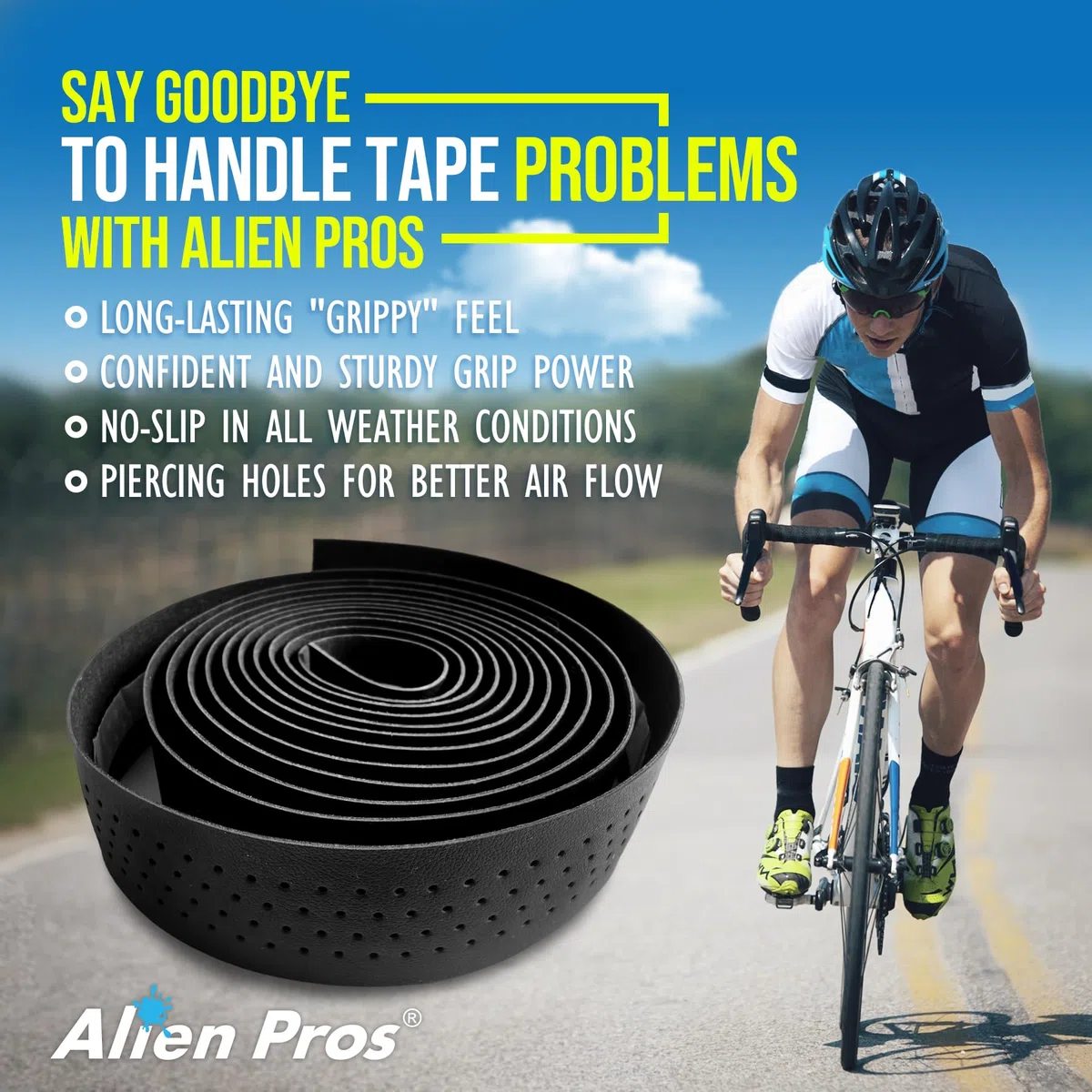 Alien Pros Nastro Manubrio Bici Nuovo Modello EP+ (Set di 2) - Avvolgi la Tua Bici per Una Guida Comoda e Fantastica - Migliora la Presa della Bici (Nero)