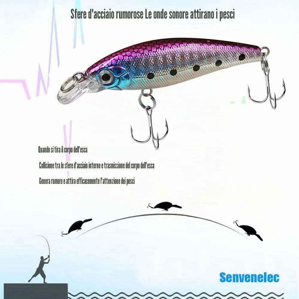 5 x esche 3D, manovella e da pesca in mare e acqua dolce, rigide bioniche artificiali