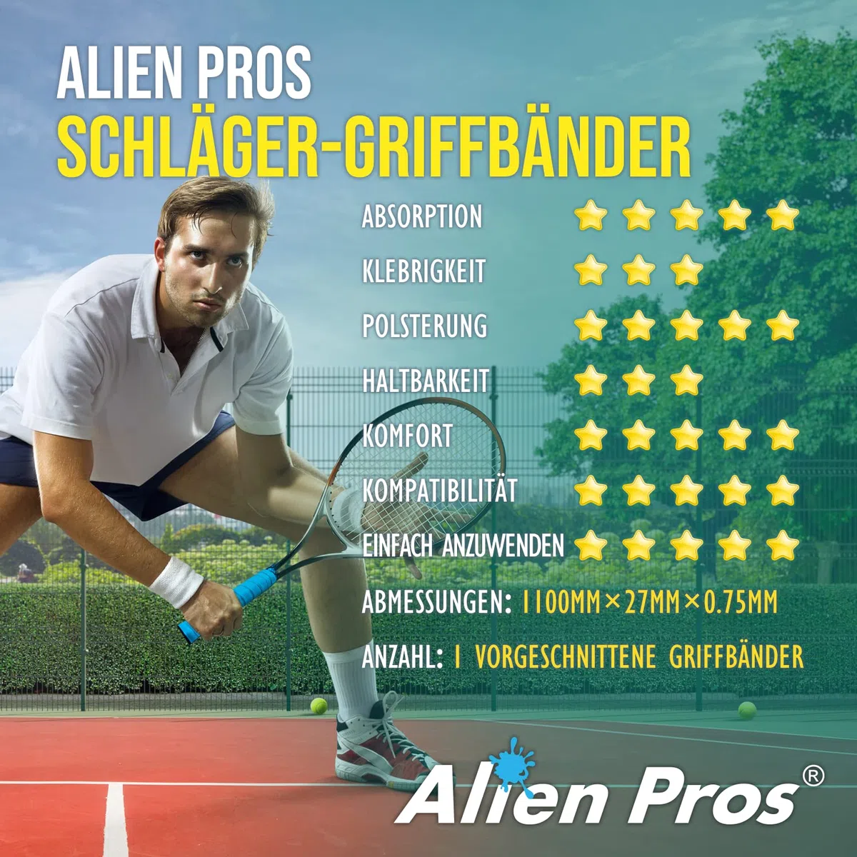 Alien Pros Nastro Adesivo per Racchetta da Tennis (6 impugnature) - Avvolgi la Racchetta per Alte Prestazioni (6 impugnature, Blu)