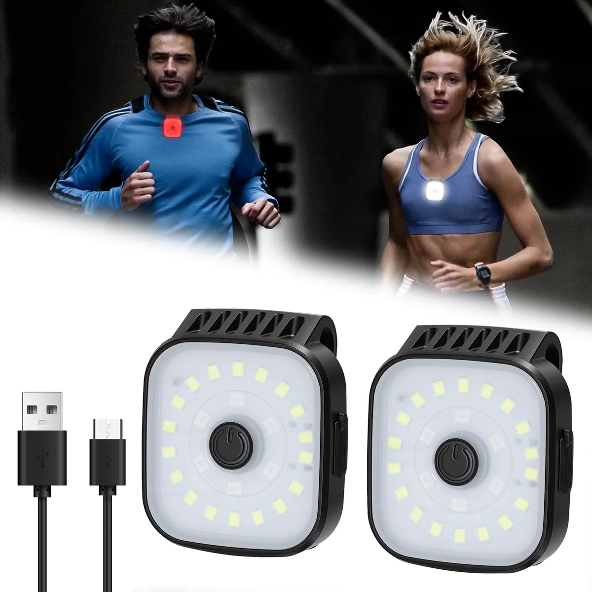 2 lampade LED con clip, clip USB con luce intermittente per jogging, lampada con clip USB ricaricabile per esterni, luce per jogging con 4 modalità di illuminazione, adatta per jogging