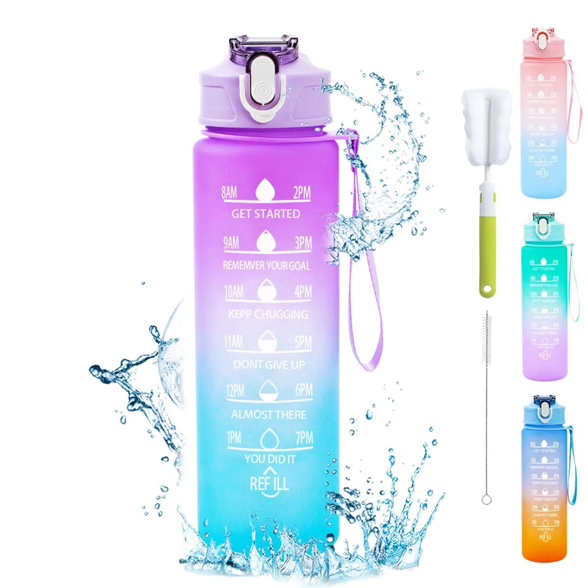 Borraccia 750 ml con Cannuccia, Bottiglia con Marcatura del Tempo, Bottiglia Sportiva a Prova di Perdite Senza BPA per Scuola, Ciclismo, Fitness, Escursionismo (Viole)