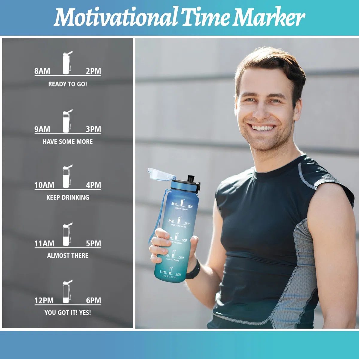 Motswedi Borraccia 1 Litro con Filtro a Prova di Perdite, Bottiglia Acqua Motivazionale per Palestra Escursionismo Ciclismo, Blu & Verde