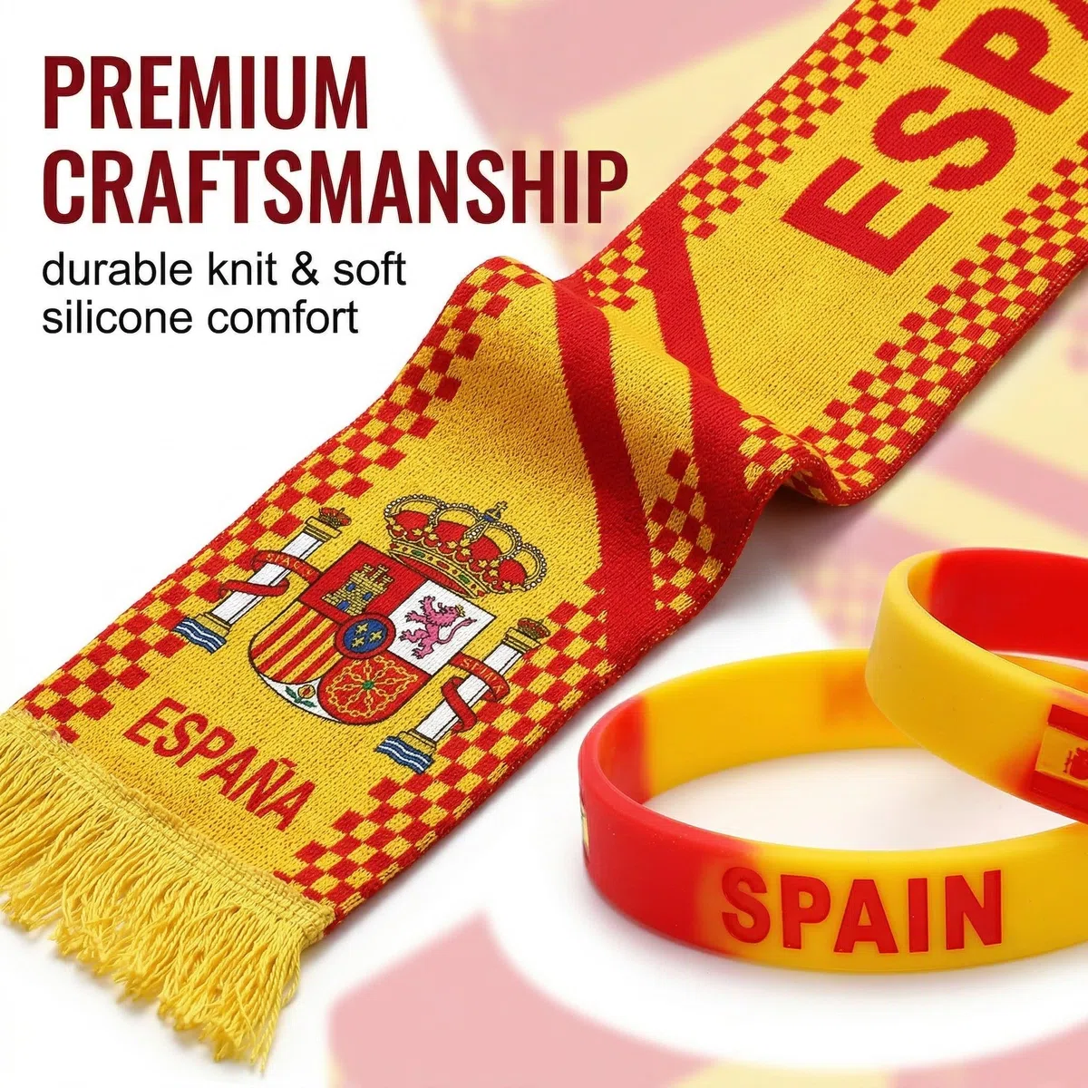Sciarpa Spagna e 2 Bracciali in Silicone per Tifosi di Calcio, Kit Accessori Stadio Rosso e Giallo, Gadget Sportivi per Partite e Competizioni Nazionali, Idea Regalo per Appassionati