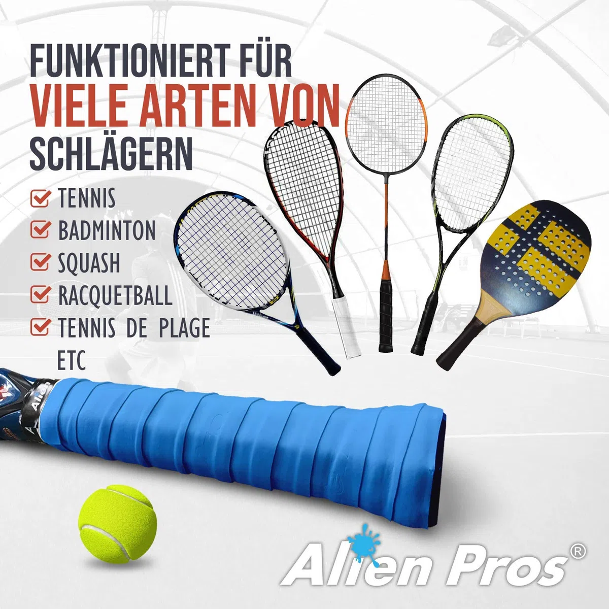 Alien Pros Nastro Adesivo per Racchetta da Tennis (6 impugnature) - Avvolgi la Racchetta per Alte Prestazioni (6 impugnature, Blu)