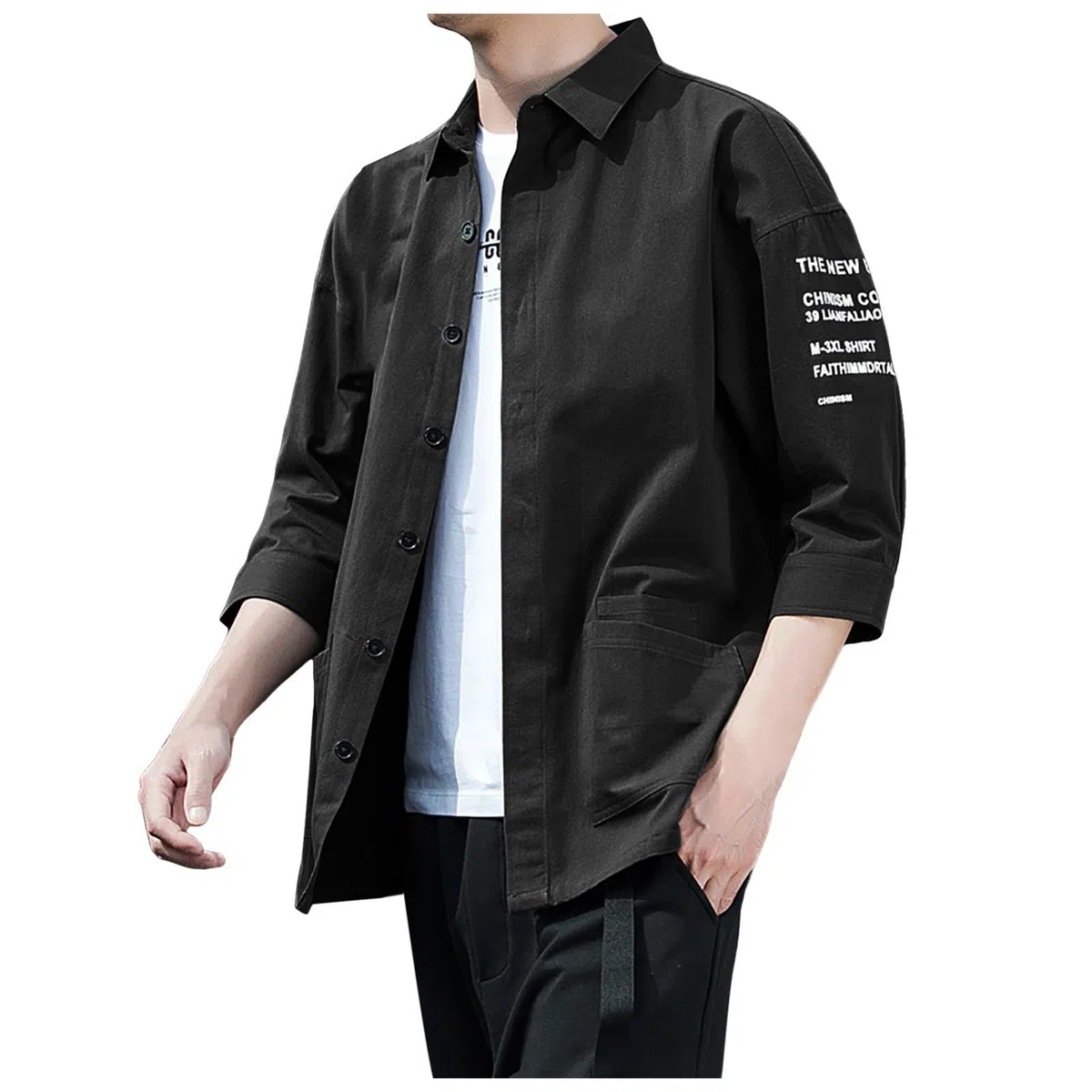 Camicia da uomo leggera estiva a 3/4, lunghezza delle maniche: camicia slim fit, giacca estiva casual, traspirante, con tasca a cerniera, cappotto largo, elegante e per tutti i giorni