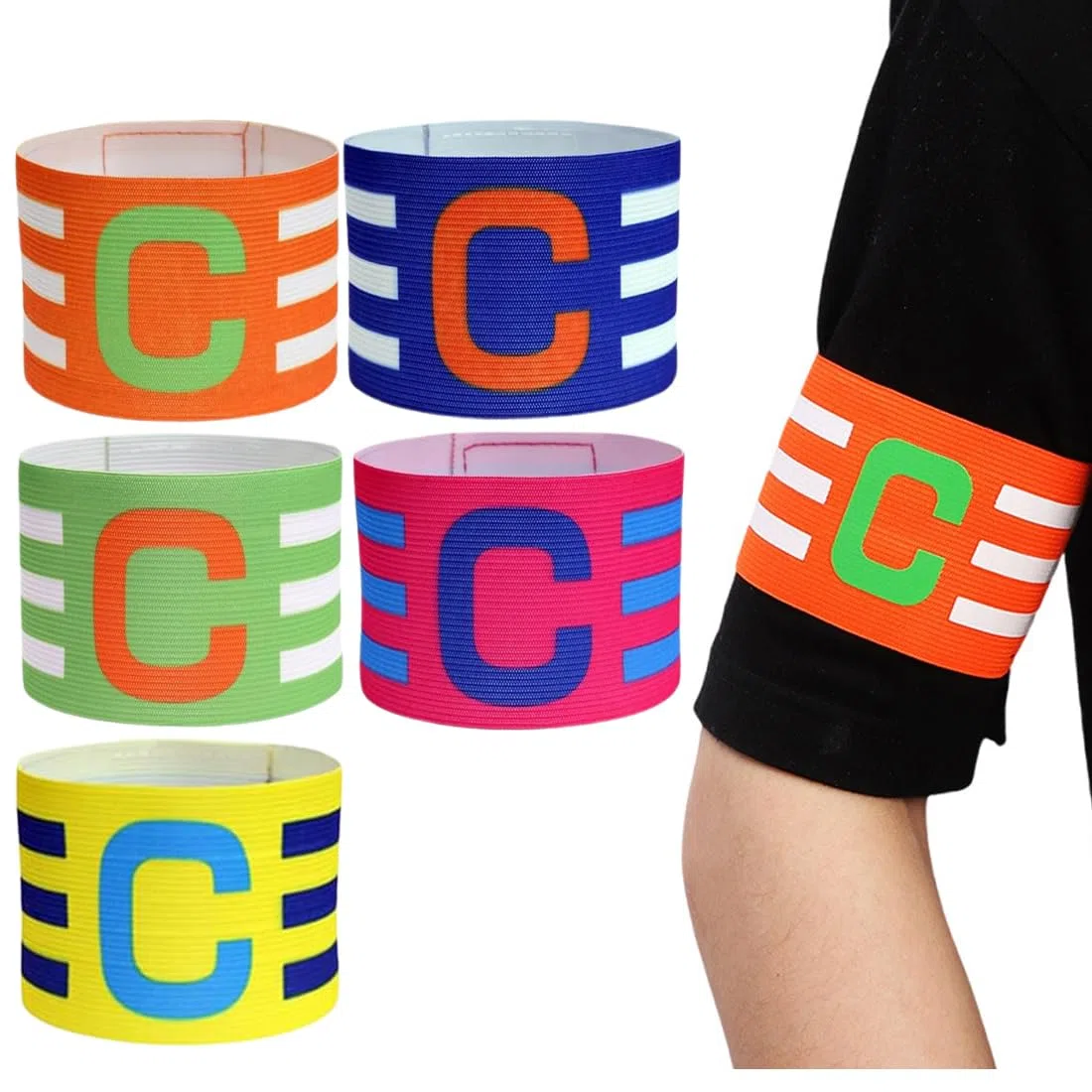 GXGM 5 Pezzi Fascia da Capitano Calcio, Unisex Multicolore Fasce da Capitano, Regolabile Elastico Bambino Fascia per Bambini, Adulti, Sport Calcio e Rugby Hockey