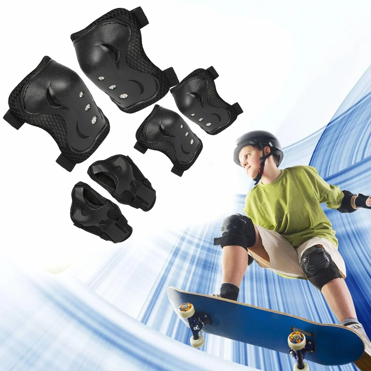 Protezione Kit per bambino, Protezioni Set Skate e Bicicletta Adatto dai 3 ai 12 Anni, per Skate, Bicicletta, Sci e Pattinaggio (Nero)