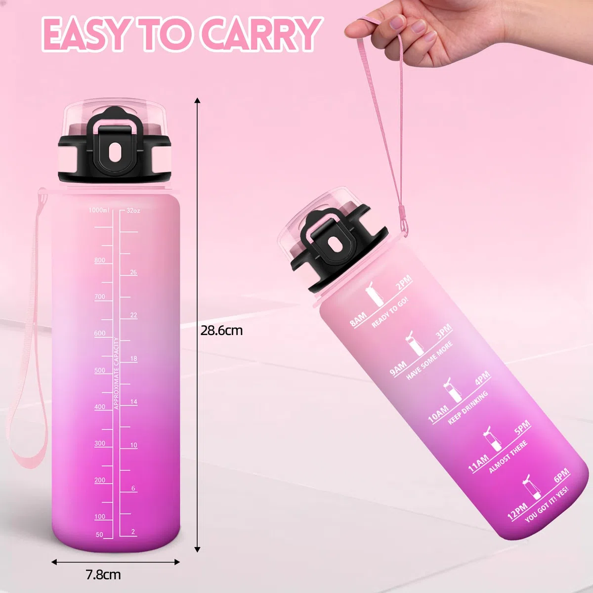 Motswedi Borraccia 1 litro, Bottiglia d'acqua Sportiva, Comprende 6 Paglie e 1 Spazzola di Spugna, Borraccia Palestra, Bottiglia Acqua 1l, per Palestra, Viaggi, Ciclismo, Rosa chiaro & Rosso rosa