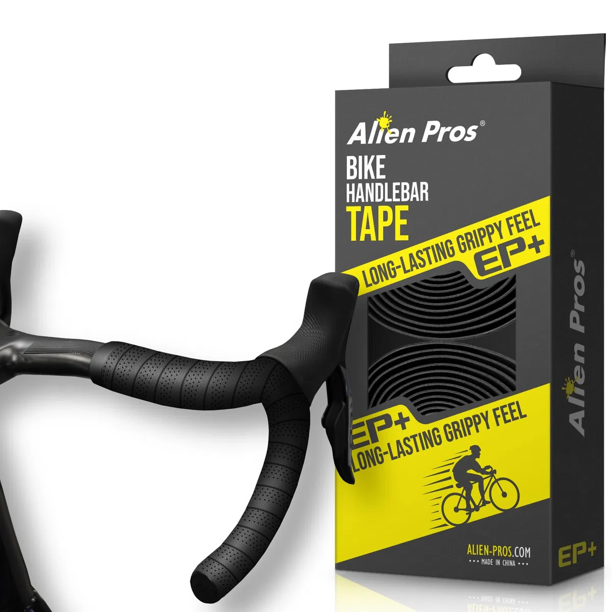 Alien Pros Nastro Manubrio Bici Nuovo Modello EP+ (Set di 2) - Avvolgi la Tua Bici per Una Guida Comoda e Fantastica - Migliora la Presa della Bici (Nero)