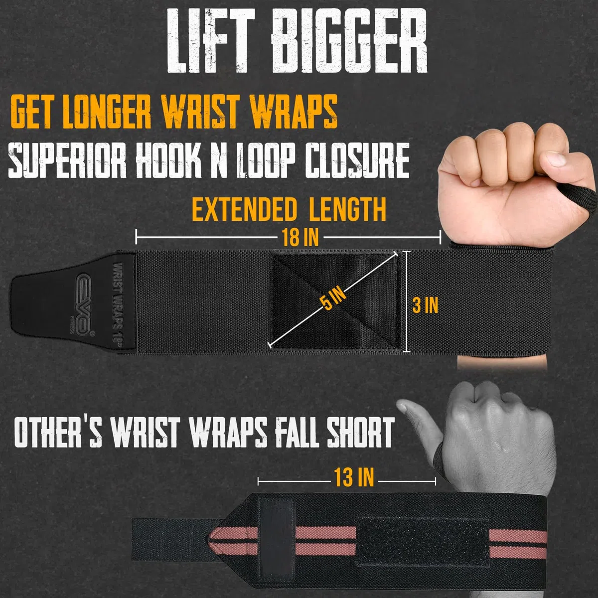 EVO Fitness Polsiere Palestra 45 Cm Nero Profondo Polsini Palestra Cotone Elasticizzato Powerlifting Fasce Palestra Bodybuilding Polsiere Crossfit Allenamento Uomini Donne