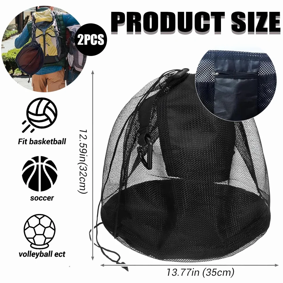 2PCS Rete Porta Palloni, 1 Sacca con Tasca a Zip, Materiale Mesh Traspirante, con Moschettone e Cordino Regolabile Accessori per Palla Portatile da Tennis, nero