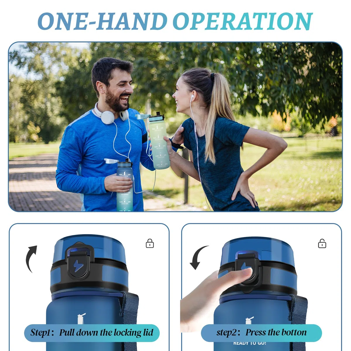 Motswedi Borraccia 1 Litro con Filtro a Prova di Perdite, Bottiglia Acqua Motivazionale per Palestra Escursionismo Ciclismo, Blu & Verde