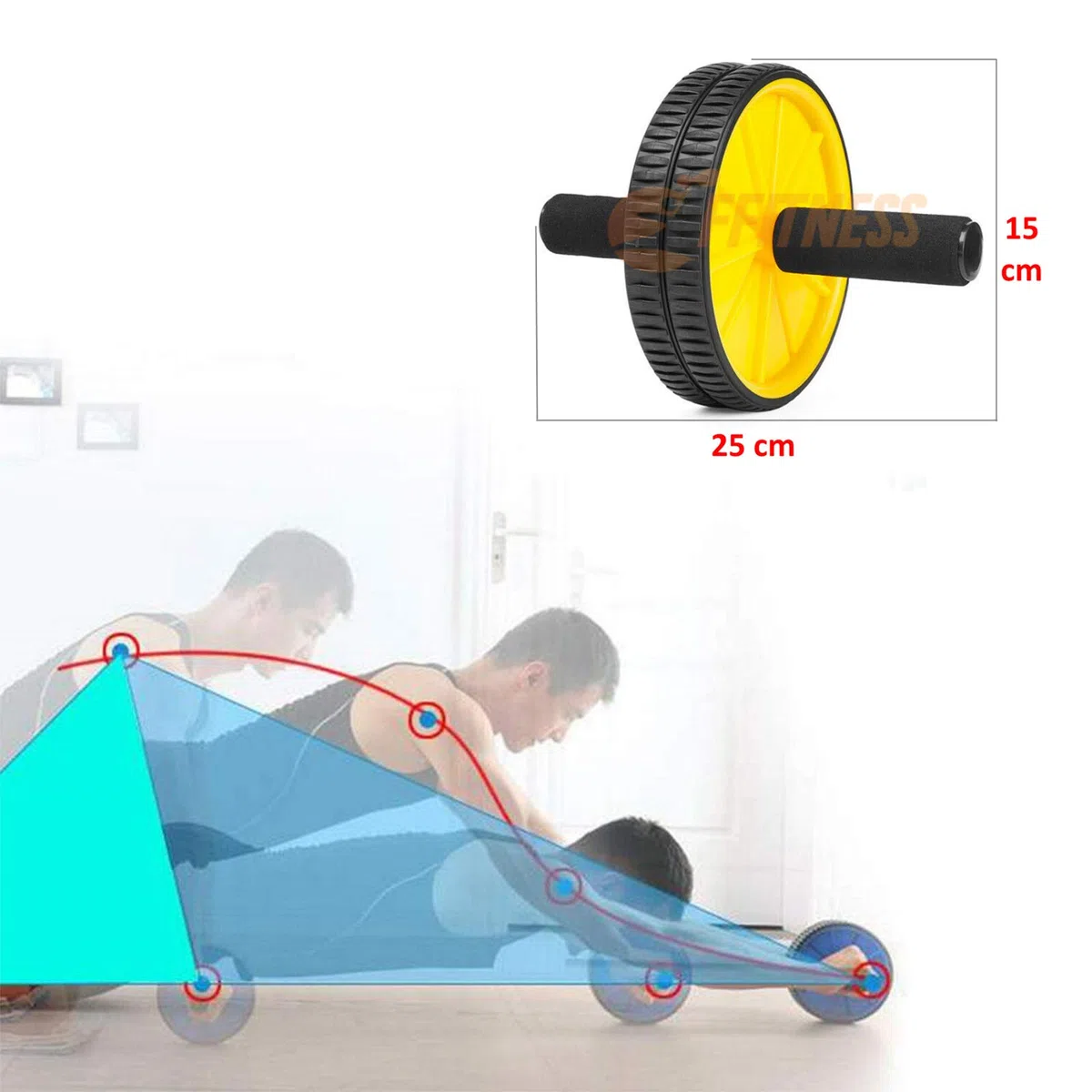 FFitness Two-Wheeled Power Wheel with Mat, Ruote con Manici per Addominali Unisex Adulto, Giallo, taglia unica